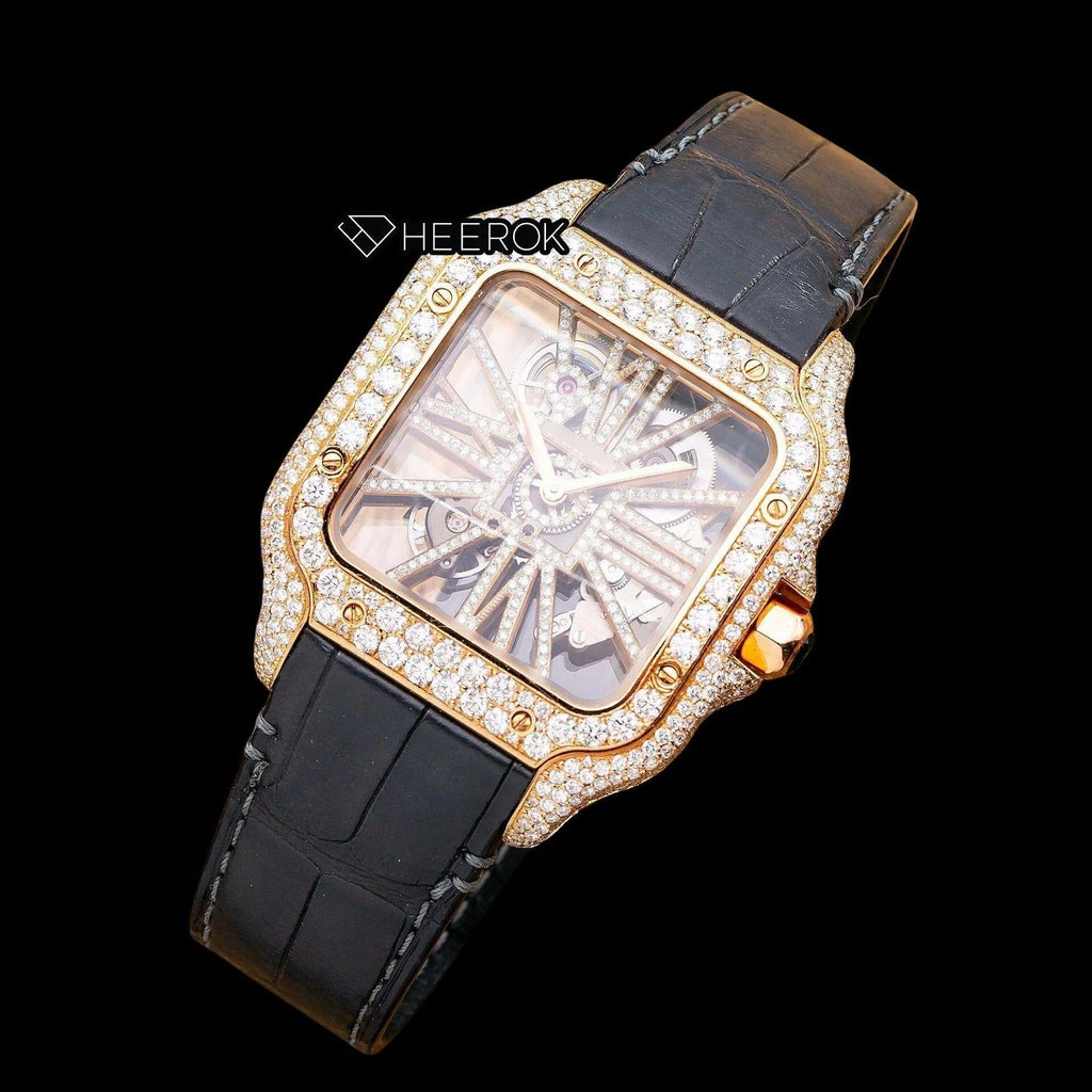 Cartier Santos Rose Gold Skeleton Dial Diamonds Bezel Black Leather Strap Semi Iced Moissanite Diamond Watch