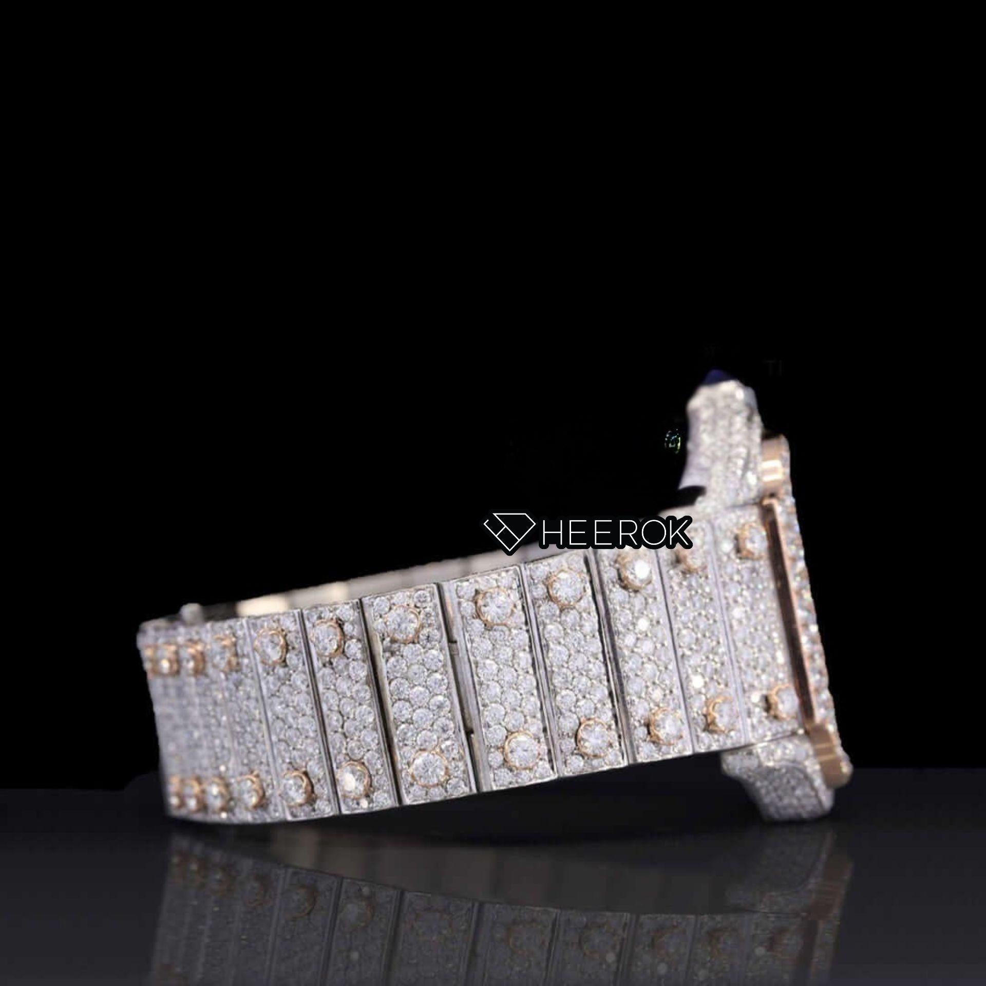 Cartier Santos Skeleton Dial Diamond Bezel Fully Iced Two Tone Rose Gold Moissanite Diamond