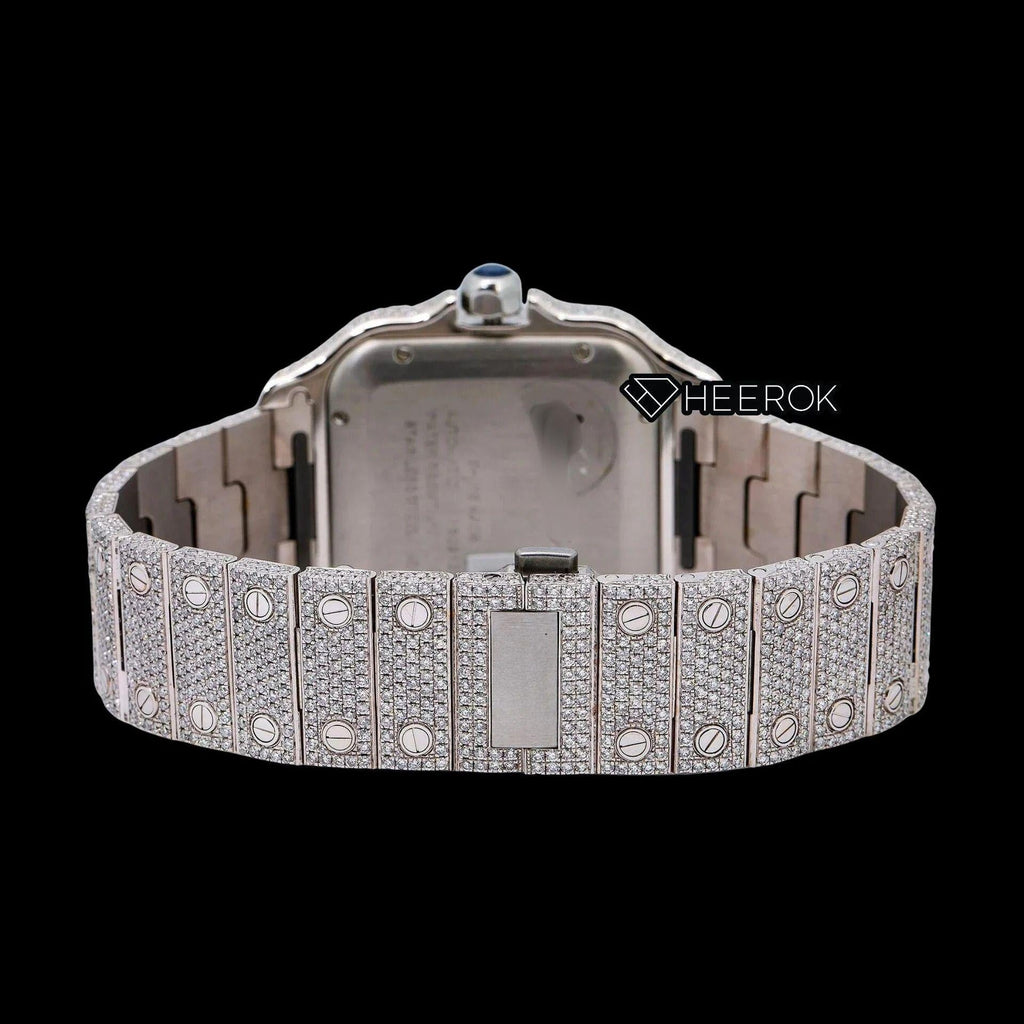 Cartier Santos White Dial Black Roman Numerals Diamond Bezel Fully Iced Moissanite Diamond Watch