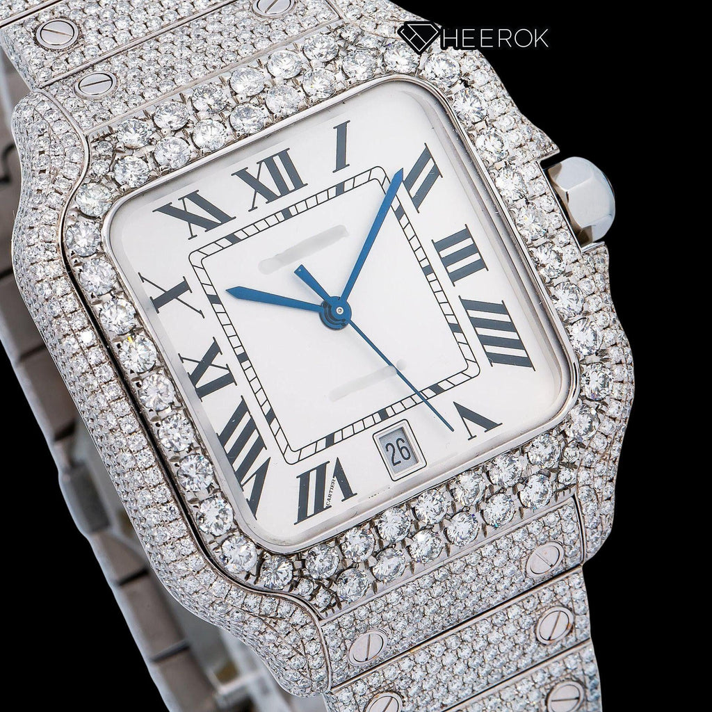 Cartier Santos White Dial Black Roman Numerals Diamond Bezel Fully Iced Moissanite Diamond Watch
