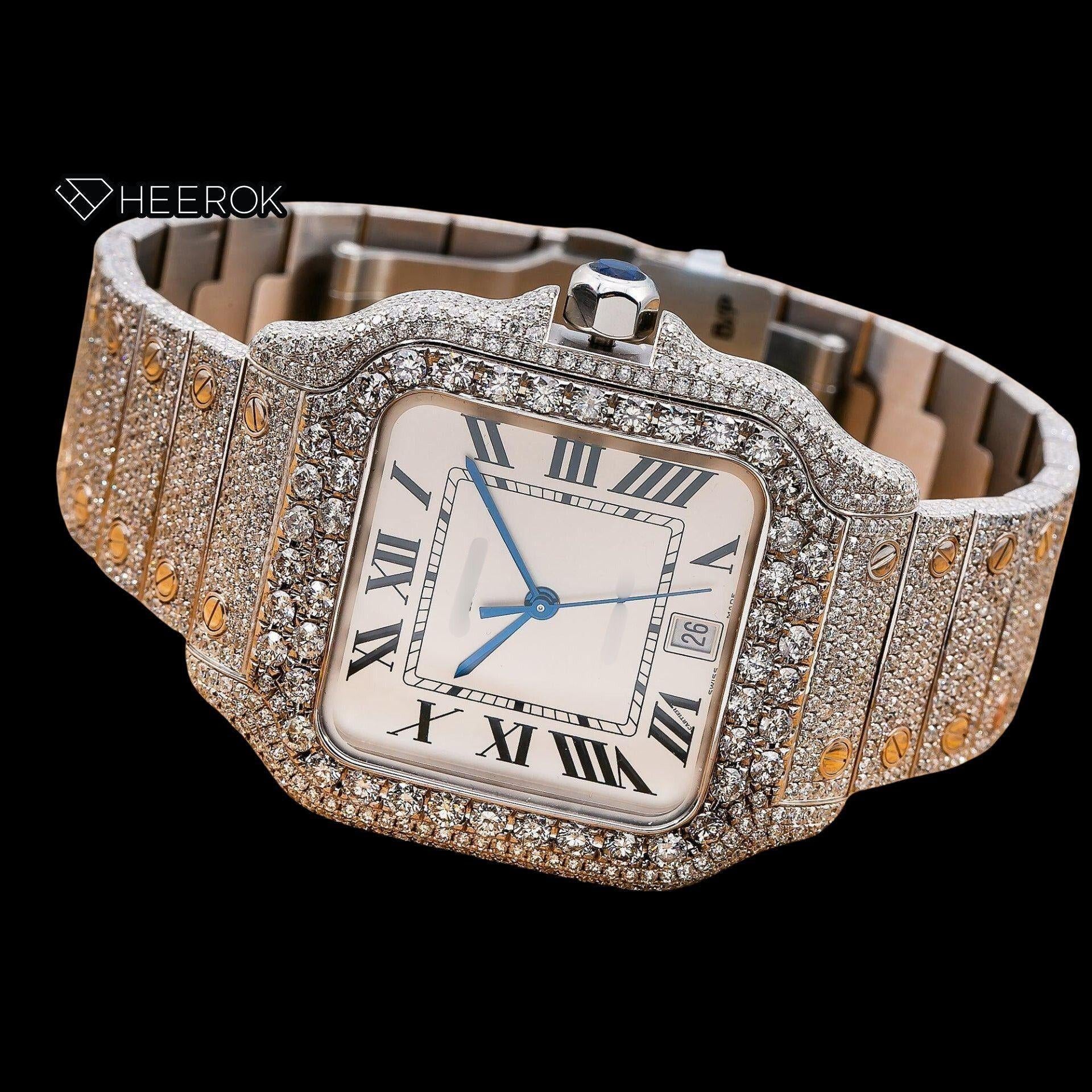 Cartier Santos White Dial Black Roman Numerals Diamond Bezel Fully Iced Moissanite Diamond Watch