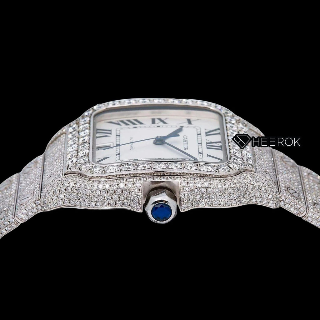 Cartier Santos White Dial Black Roman Numerals Diamond Bezel Fully Iced Moissanite Diamond Watch