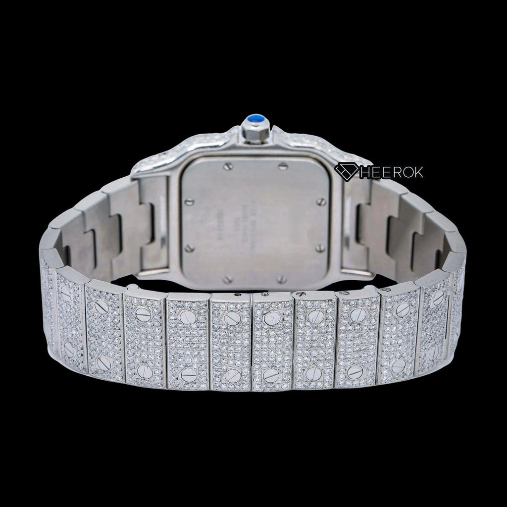 Cartier Santos White Dial Roman Numerals Diamond Bezel Bust Down Moissanite Diamond Watch For Women