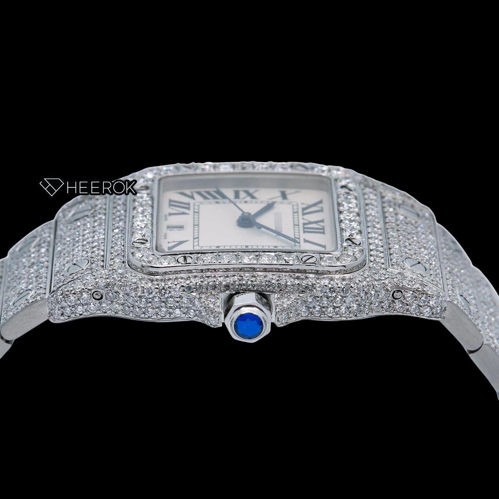 Cartier Santos White Dial Roman Numerals Diamond Bezel Bust Down Moissanite Diamond Watch For Women