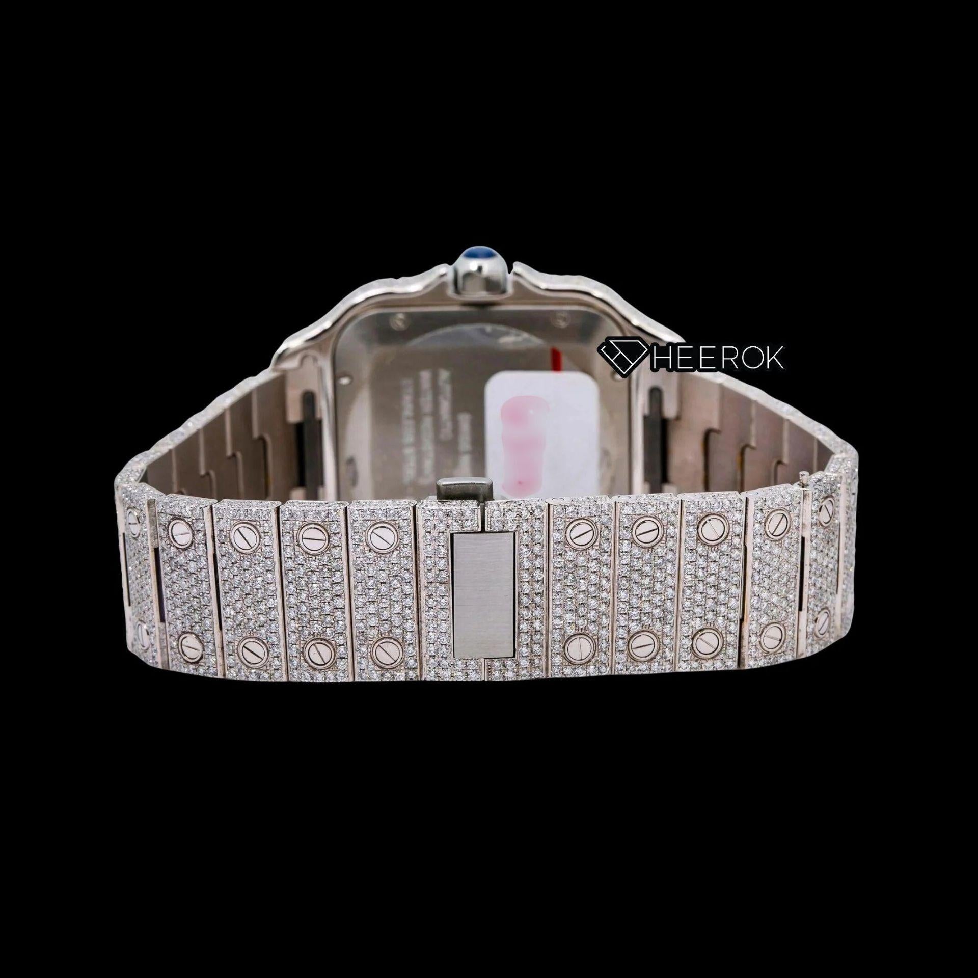 Cartier Santos White Dial Roman Numerals Diamond Bezel Fully Iced Out Moissanite Diamond Watch