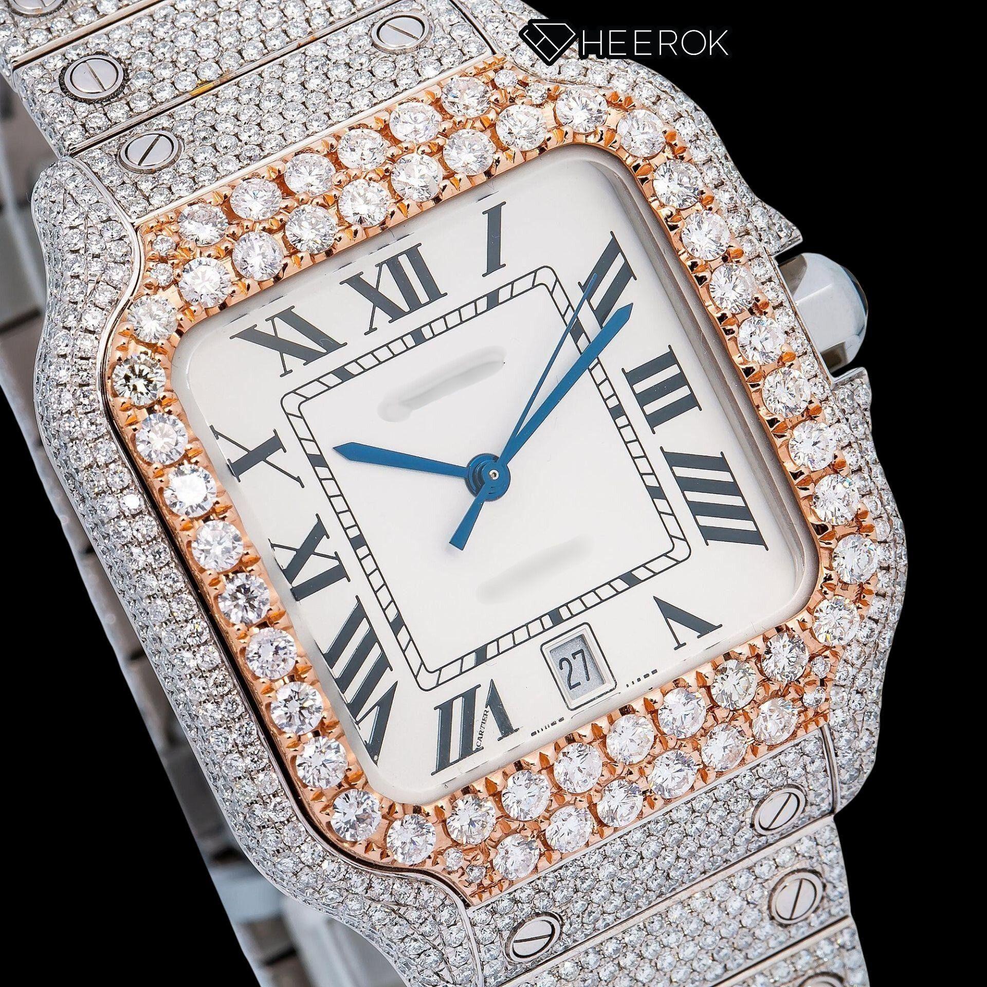 Cartier Santos White Dial Roman Numerals Diamond Bezel Fully Iced Out Moissanite Diamond Watch