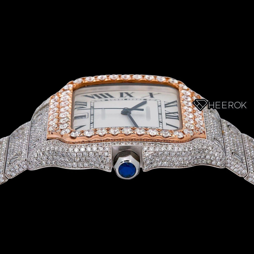 Cartier Santos White Dial Roman Numerals Diamond Bezel Fully Iced Out Moissanite Diamond Watch