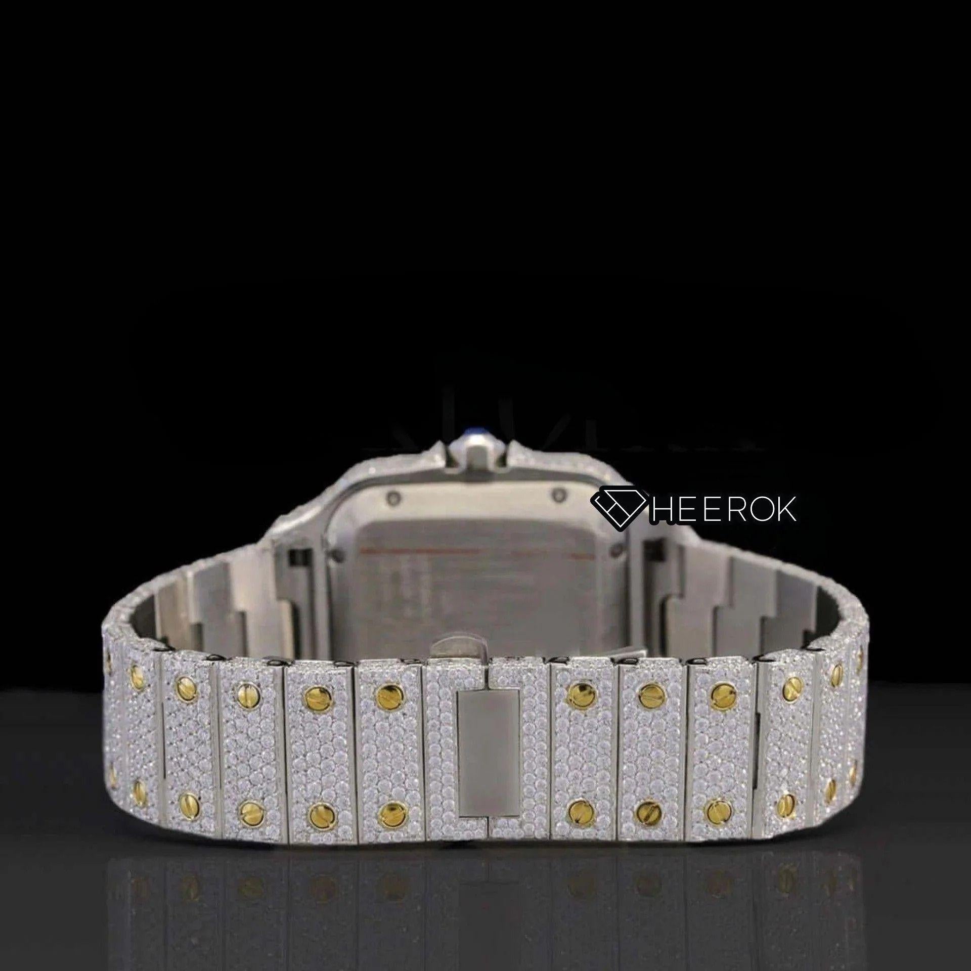 Cartier Santos Yellow Dial Black Roman Numerals Diamond Bezel Fully Iced Moissanite Diamond