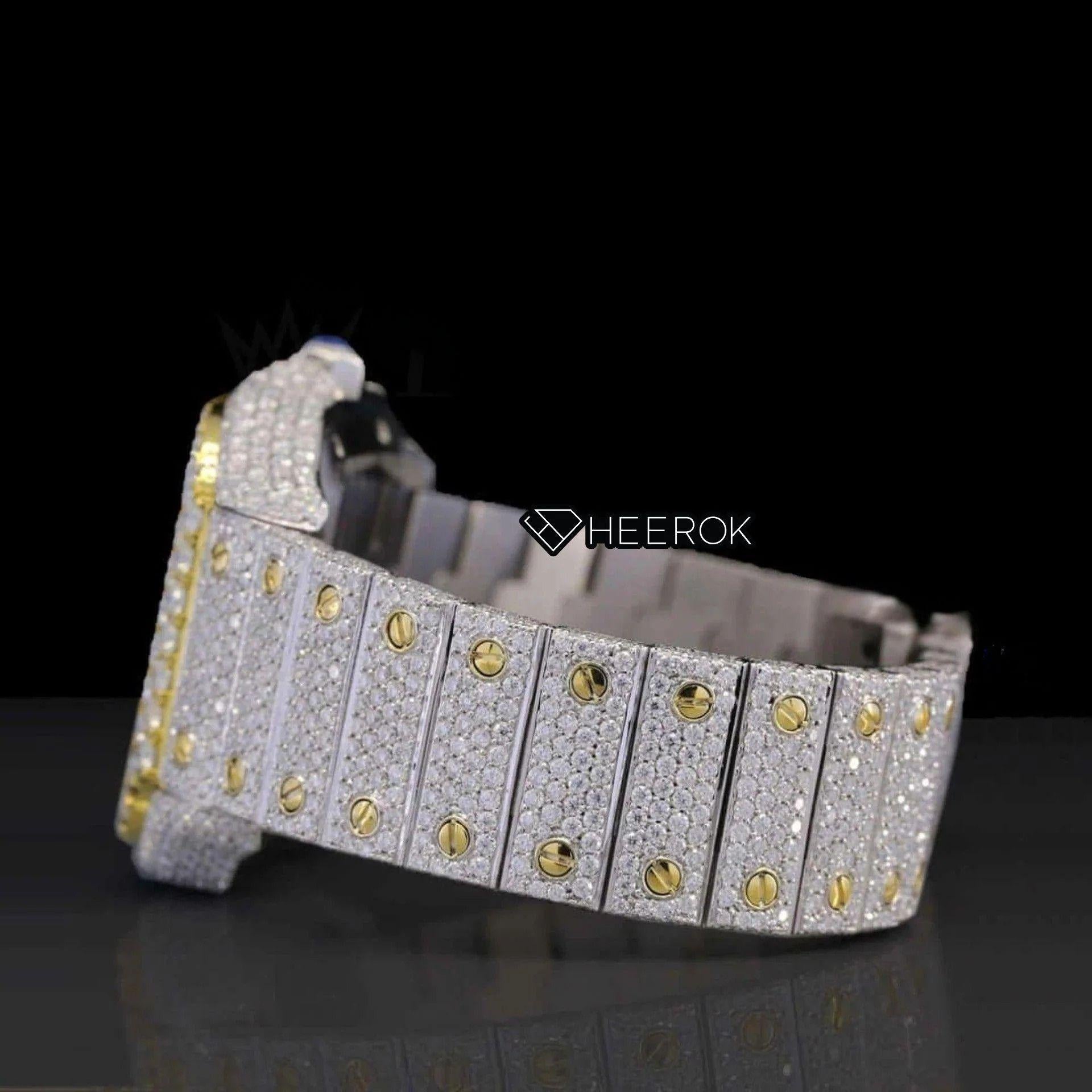 Cartier Santos Yellow Dial Black Roman Numerals Diamond Bezel Fully Iced Moissanite Diamond