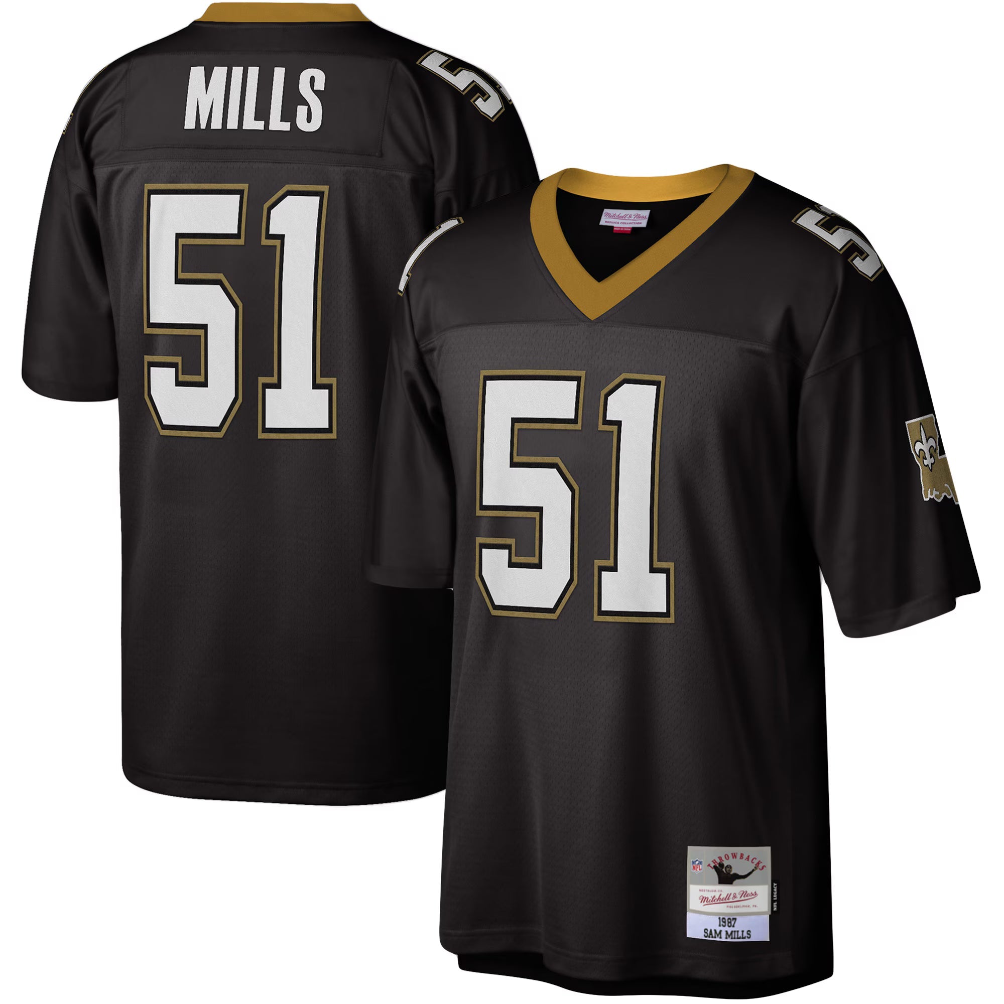 New Orleans Saints Sam Mills Mitchell & Ness Black Legacy Replica Jersey