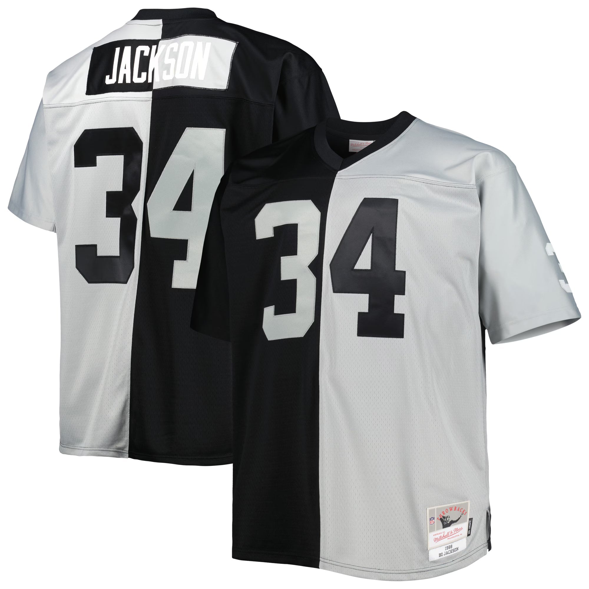Las Vegas Raiders Bo Jackson Mitchell & Ness Black/Silver Big & Tall Split Legacy Retired Player Replica Jersey