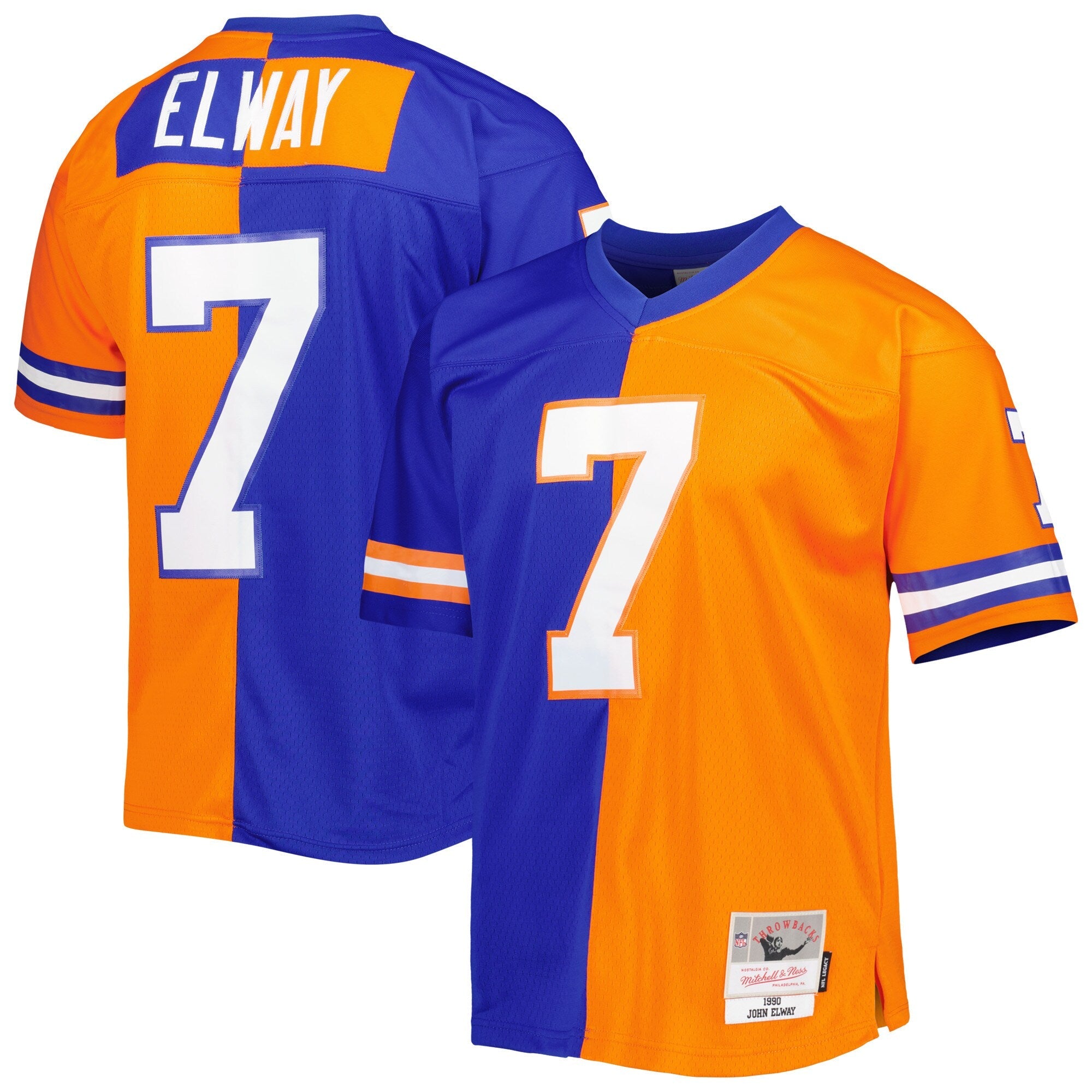 Denver Broncos John Elway Mitchell & Ness Royal/Orange 1990 Split Legacy Replica Jersey