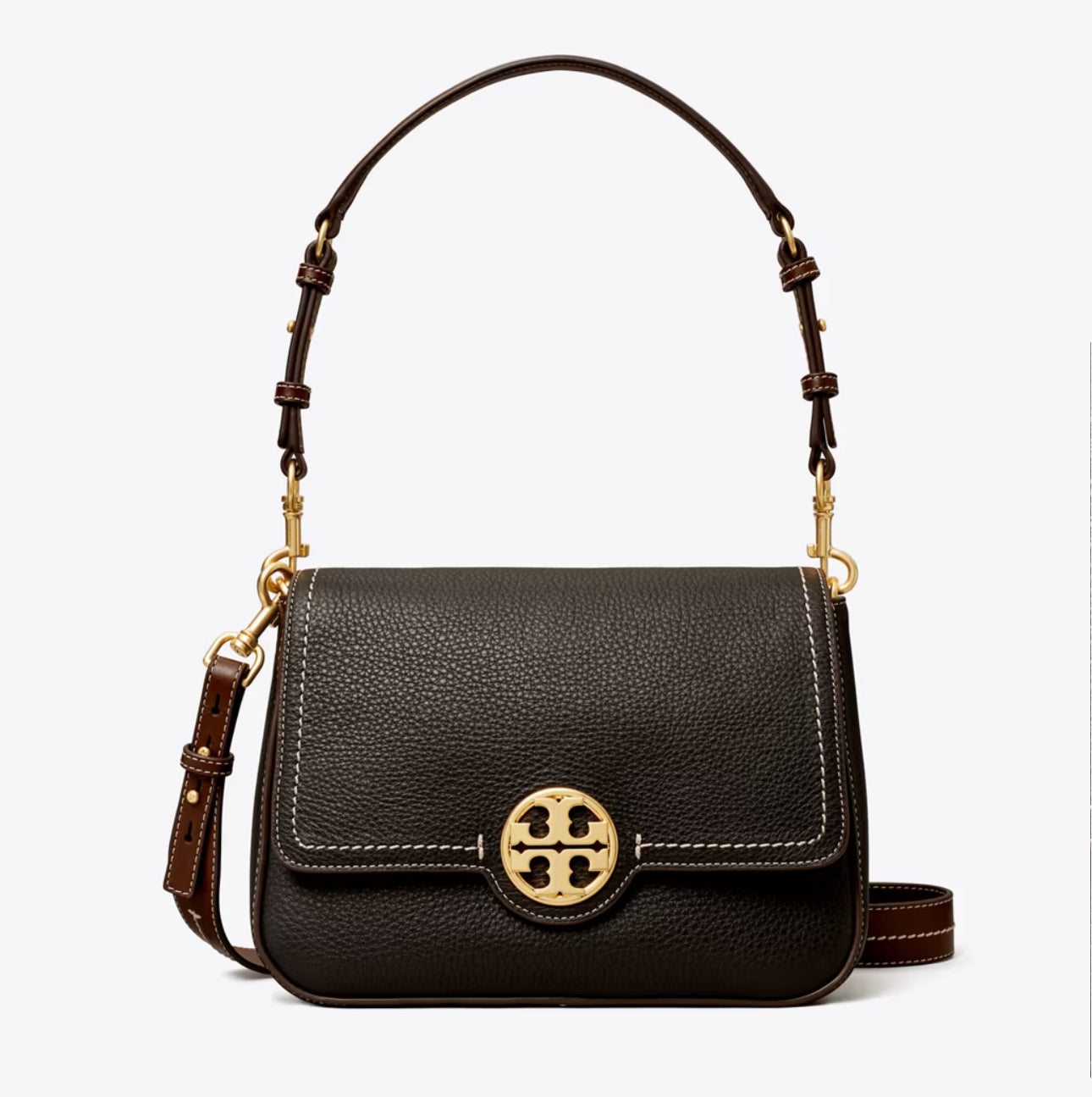 NWT Tory Burch Leather Flap Medium Shoulder Bag In Gold/Black