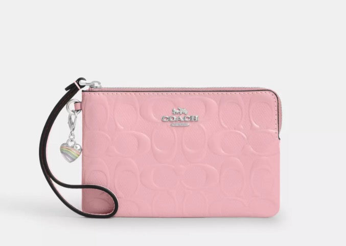 NWT Coach Corner Zip Wristlet Wallet In Signature Leather With Heart Charm In Silver/Pink