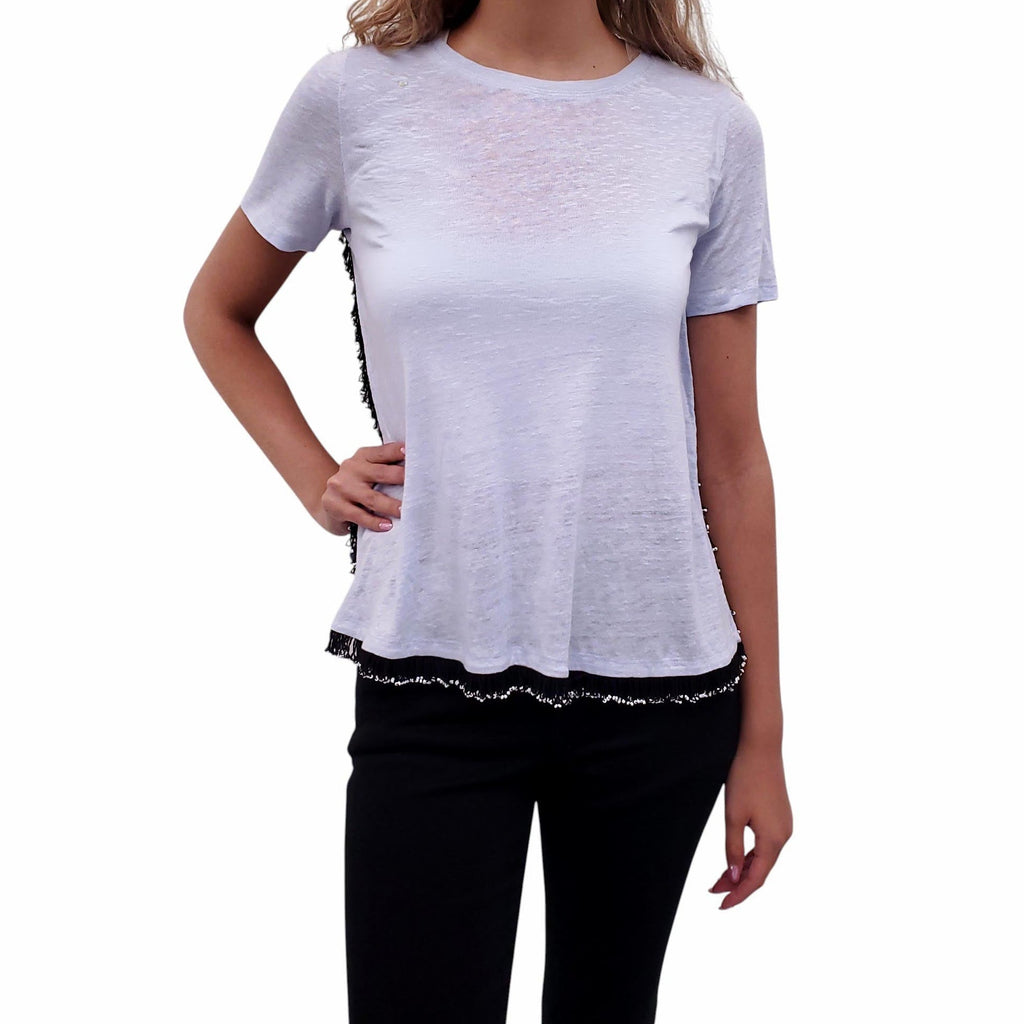 DEREK LAM 10 CROSBY BLUE T-SHIRT WITH FRINGE DETAIL - SIZE XS