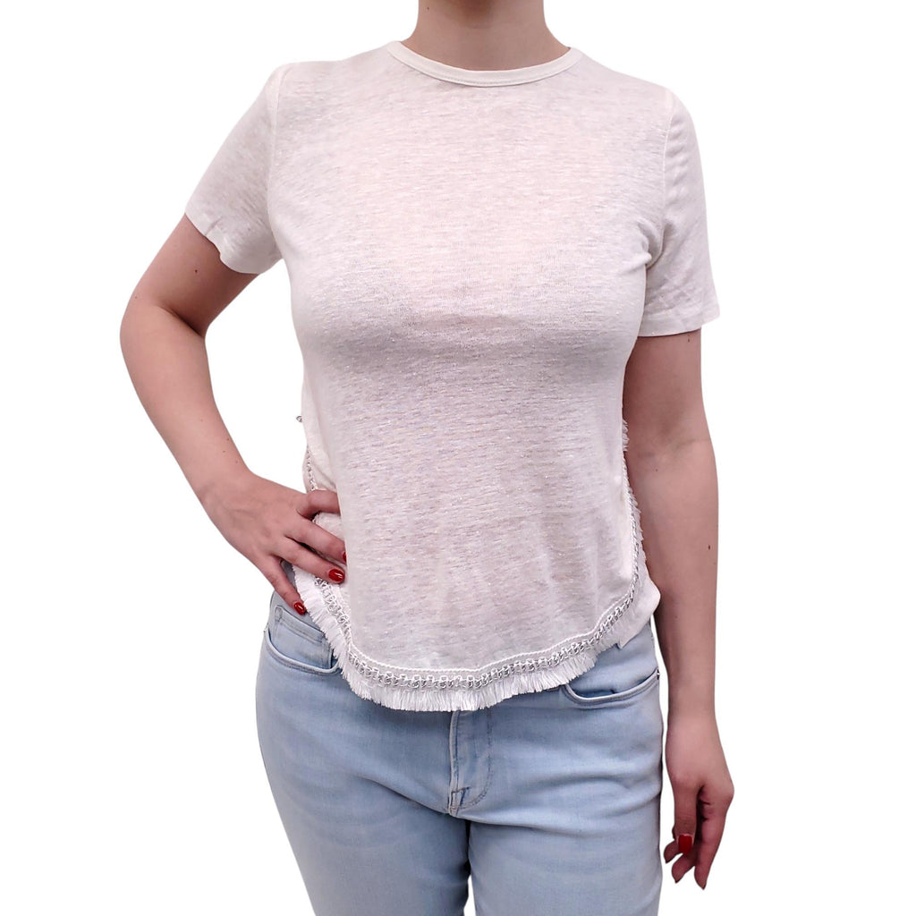 DEREK LAM 10 CROSBY WHITE T-SHIRT WITH FRINGE DETAIL - SIZE XS