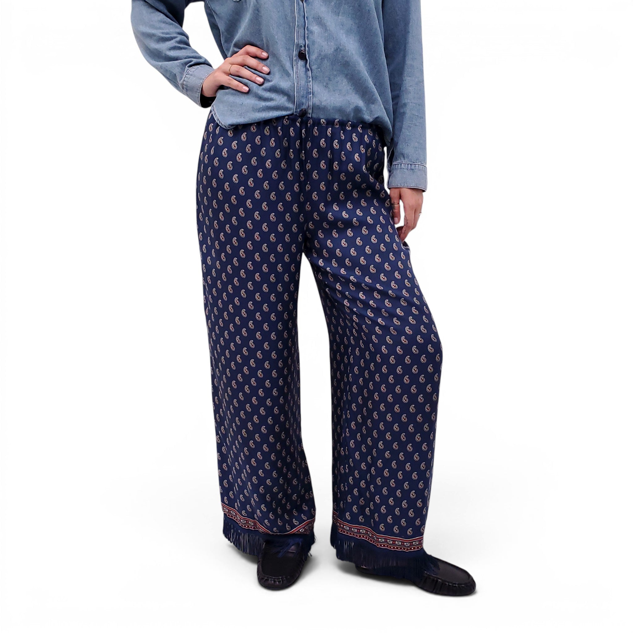 DÔEN NAVY SILK PAISLEY FRINGE PANTS - SIZE L