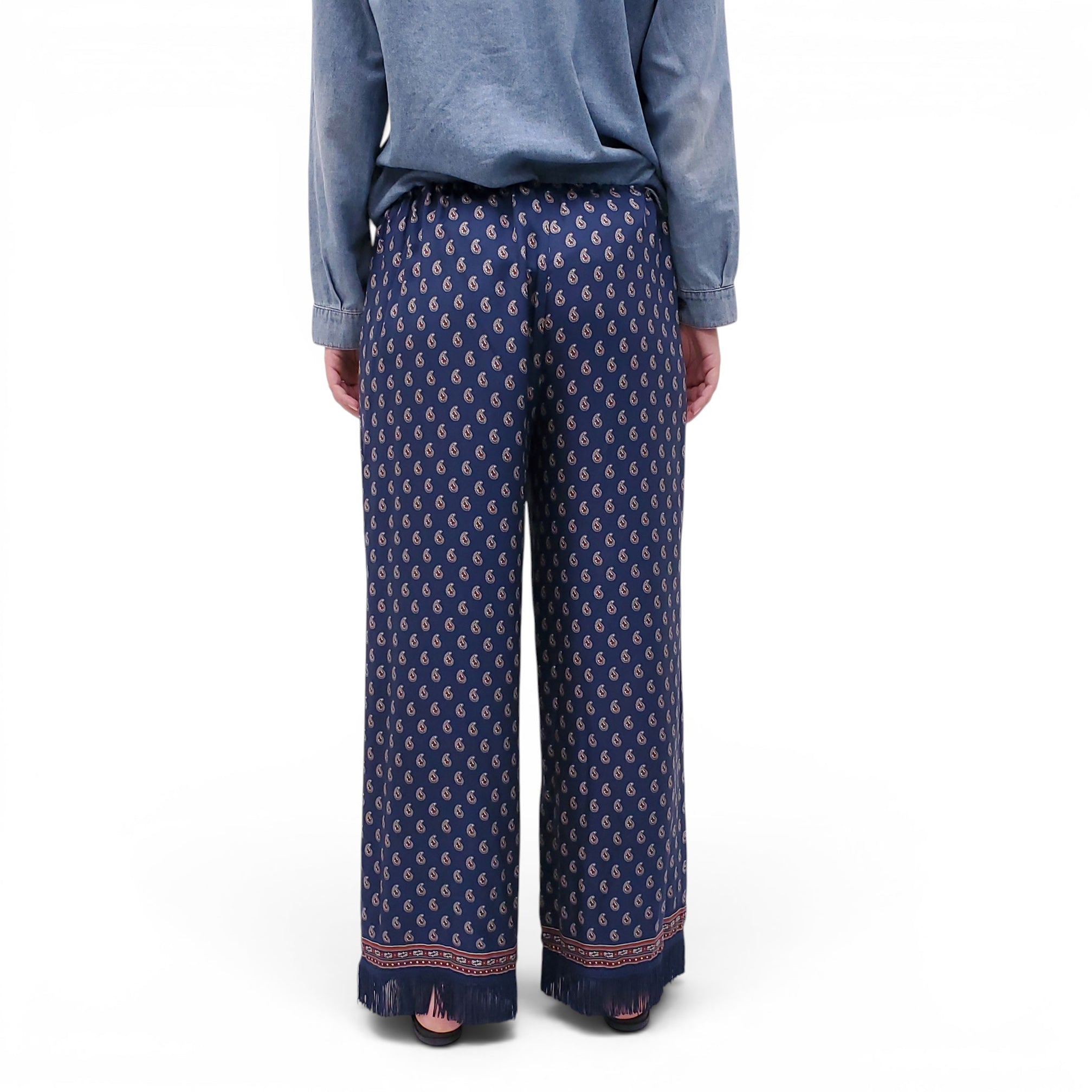 DÔEN NAVY SILK PAISLEY FRINGE PANTS - SIZE L