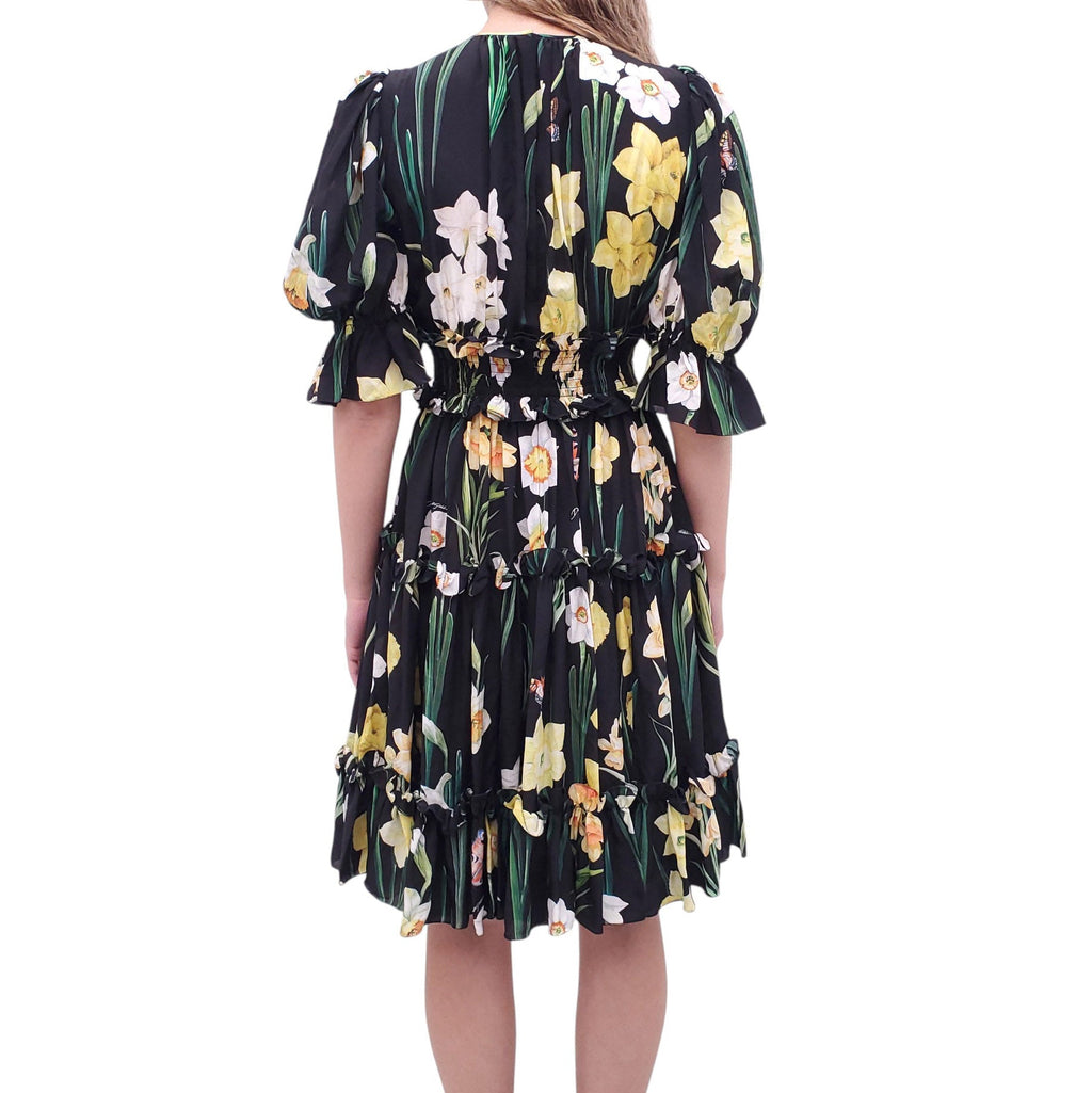 DOLCE & GABBANA BLACK AND YELLOW DAFFODIL PRINT SILK DRESS - SIZE 38