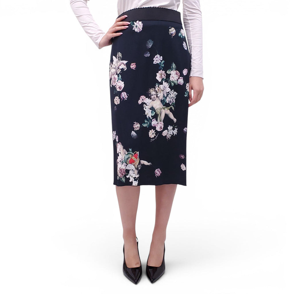 DOLCE & GABBANA BLACK ANGEL PATTERNED SKIRT - SIZE 46