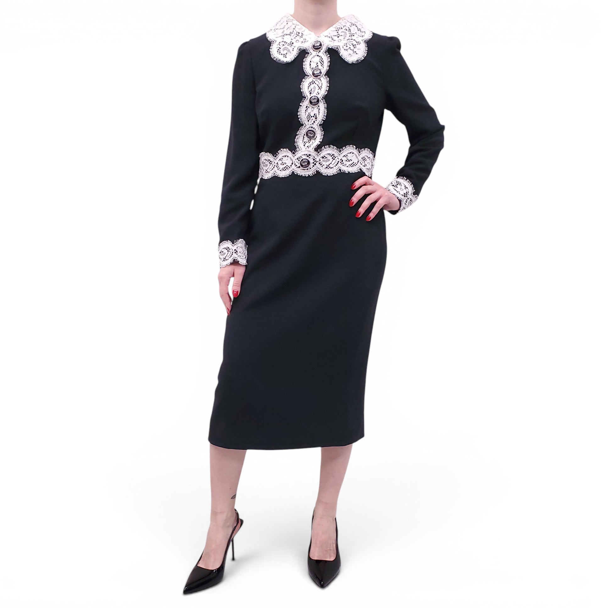 DOLCE & GABBANA BLACK DRESS WITH WHITE LACE AND CROWN BUTTONS - SIZE 46