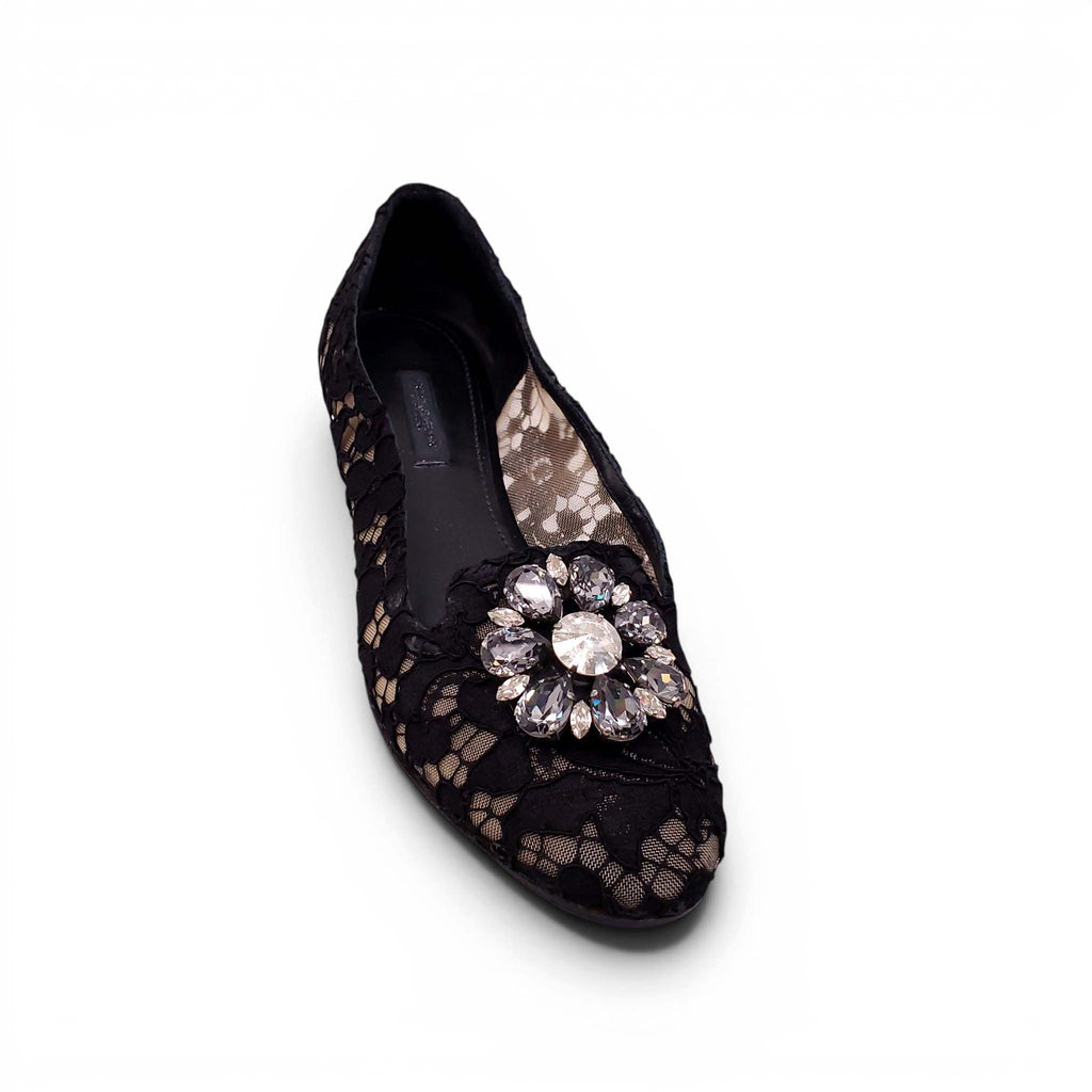 DOLCE & GABBANA BLACK LACE FLATS WITH CRYSTAL DETAIL - SIZE 38.5