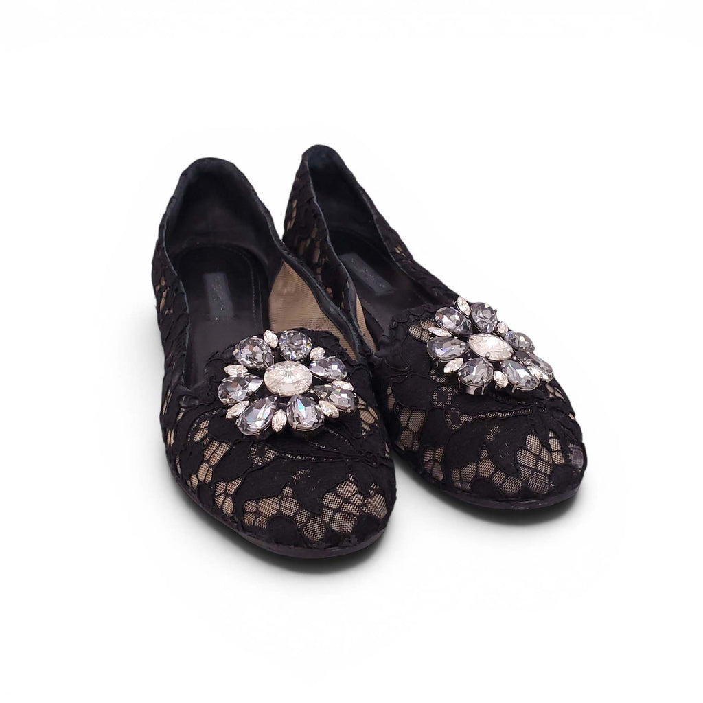DOLCE & GABBANA BLACK LACE FLATS WITH CRYSTAL DETAIL - SIZE 38.5