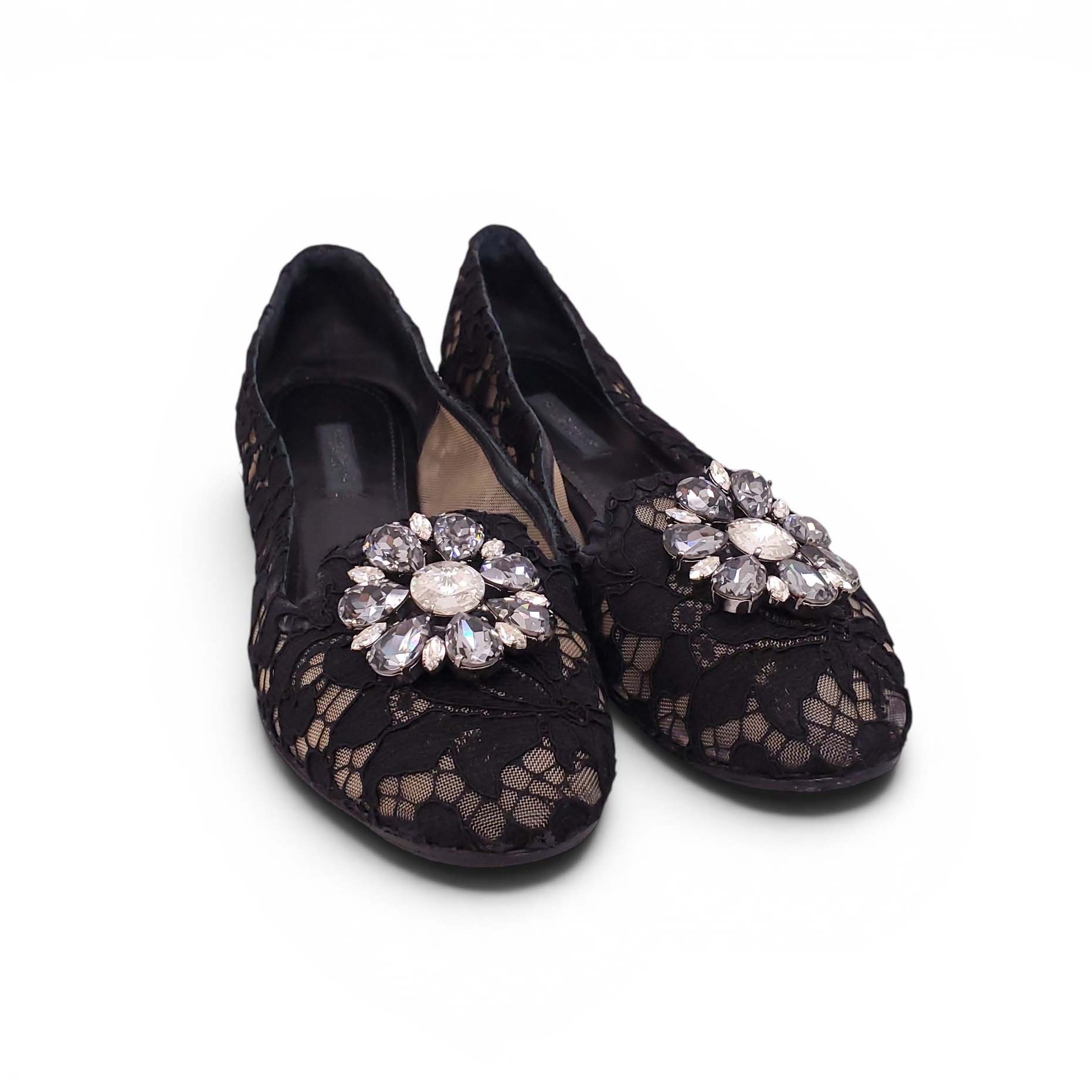 DOLCE & GABBANA BLACK LACE FLATS WITH CRYSTAL DETAIL - SIZE 38.5
