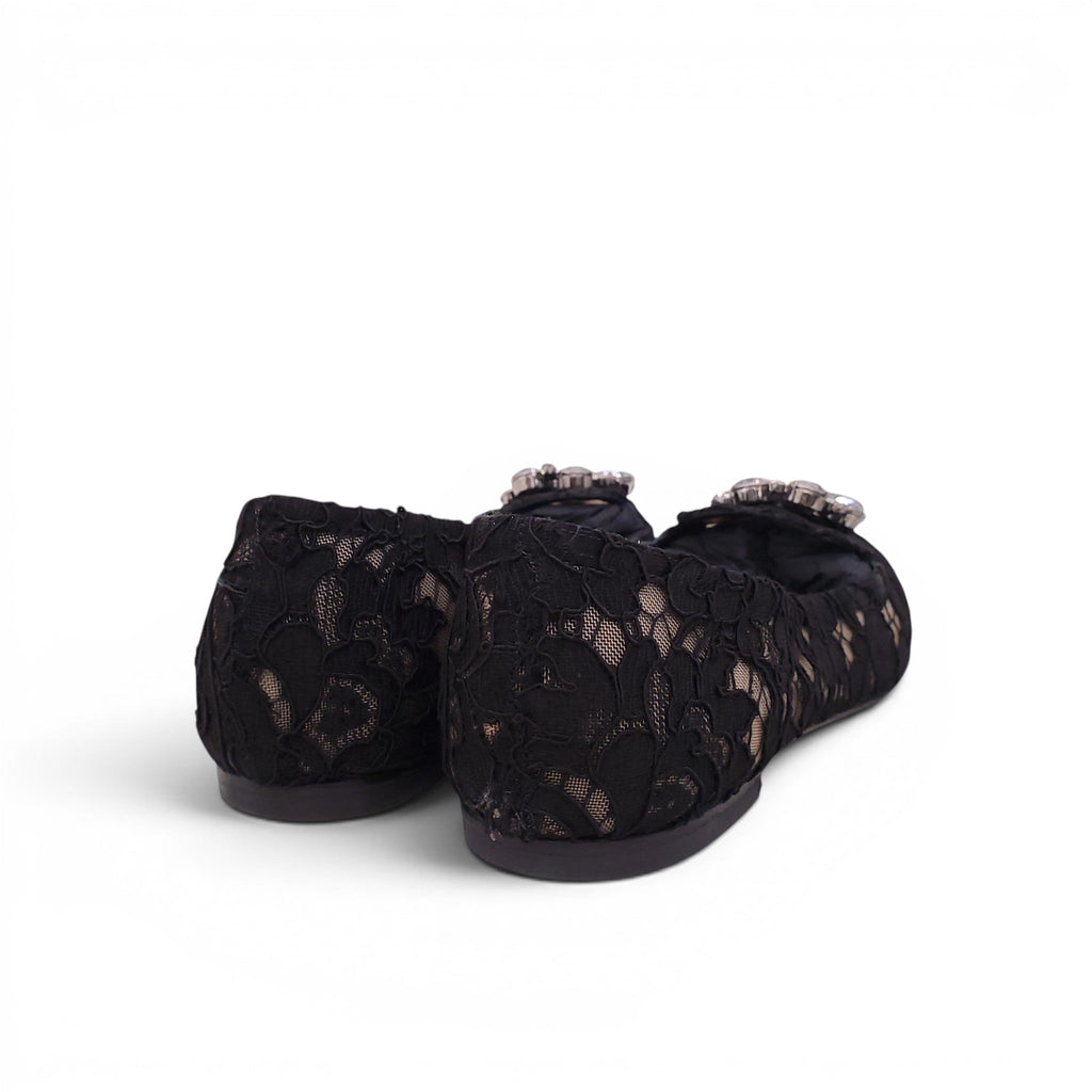 DOLCE & GABBANA BLACK LACE FLATS WITH CRYSTAL DETAIL - SIZE 38.5