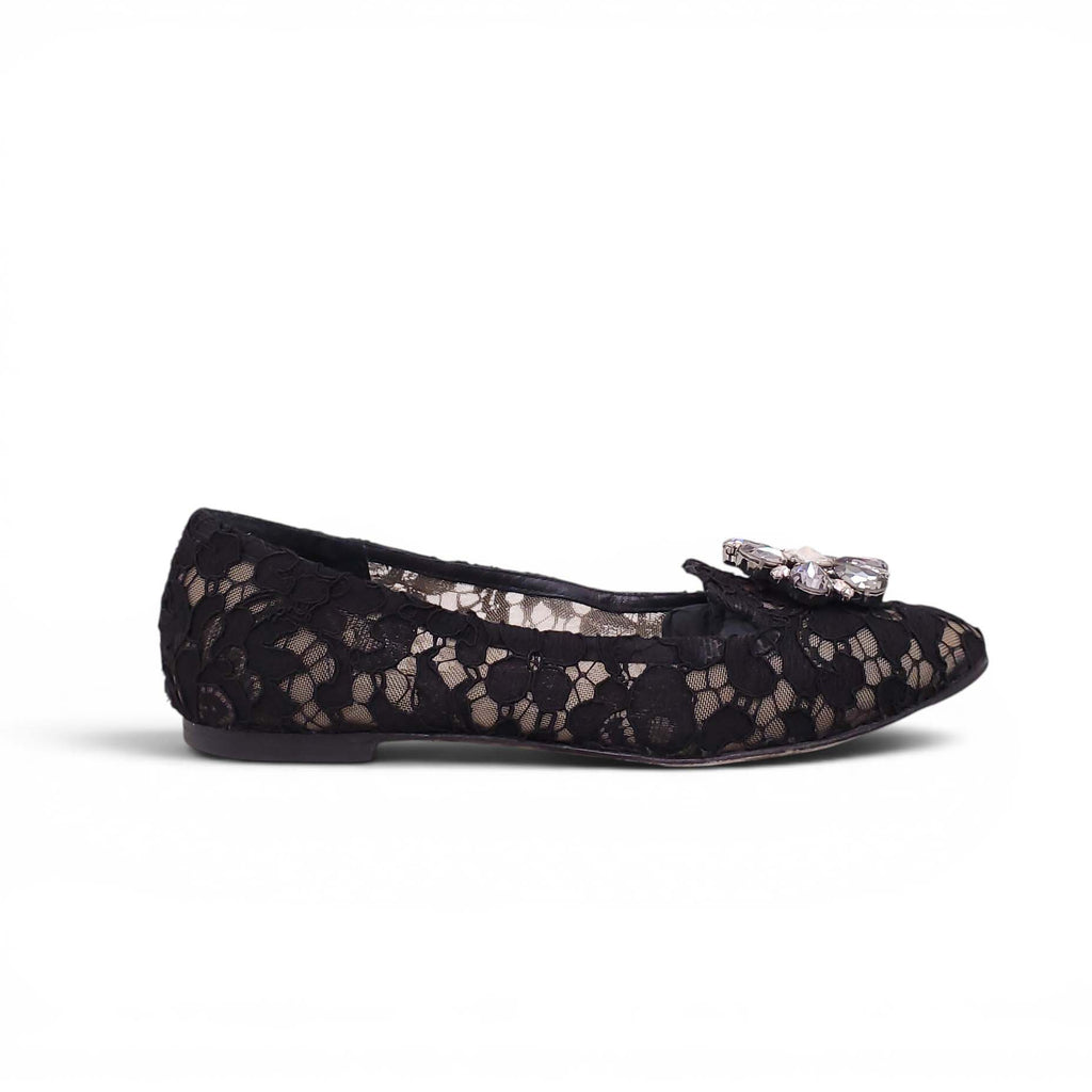 DOLCE & GABBANA BLACK LACE FLATS WITH CRYSTAL DETAIL - SIZE 38.5