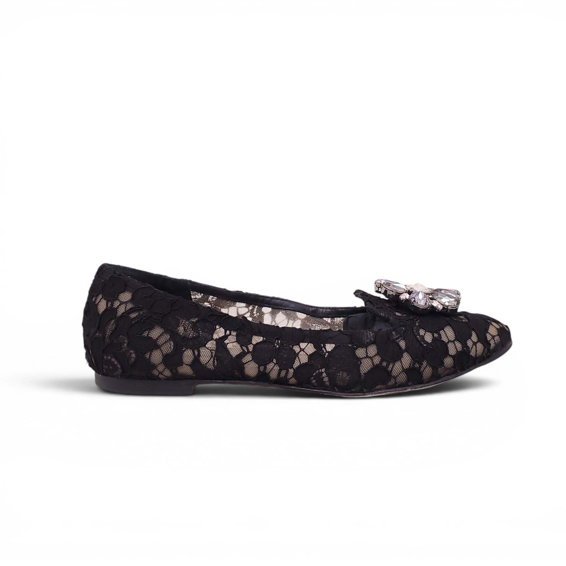 DOLCE & GABBANA BLACK LACE FLATS WITH CRYSTAL DETAIL - SIZE 38.5