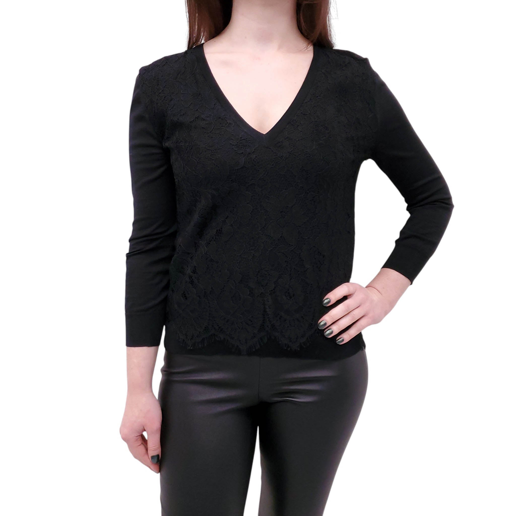 DOLCE & GABBANA BLACK LACE V-NECK SWEATER - SIZE 38