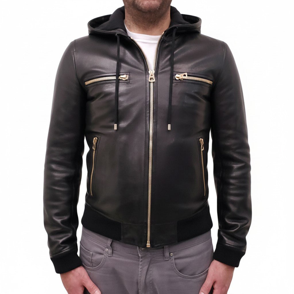 DOLCE & GABBANA BLACK LEATHER HOODED JACKET - MEN'S SIZE 50