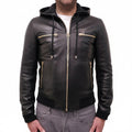 DOLCE & GABBANA BLACK LEATHER HOODED JACKET - MEN'S SIZE 50