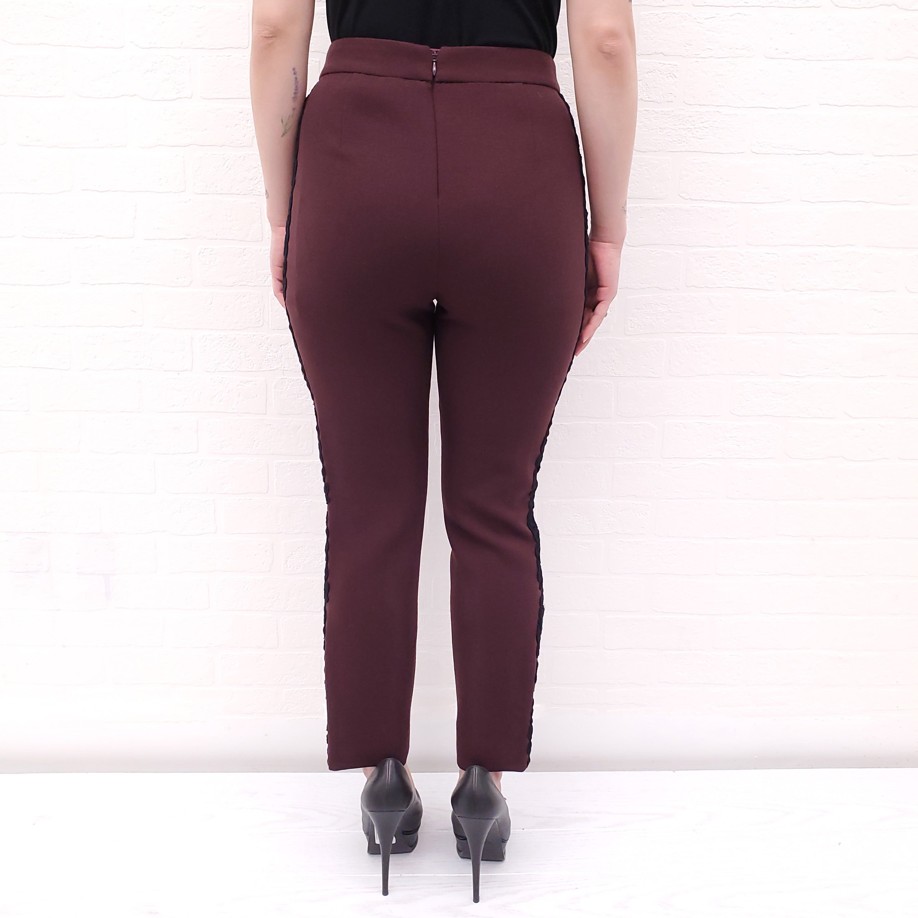 DOLCE & GABBANA BURGUNDY TROUSERS WITH LACE DETAIL - SIZE 36