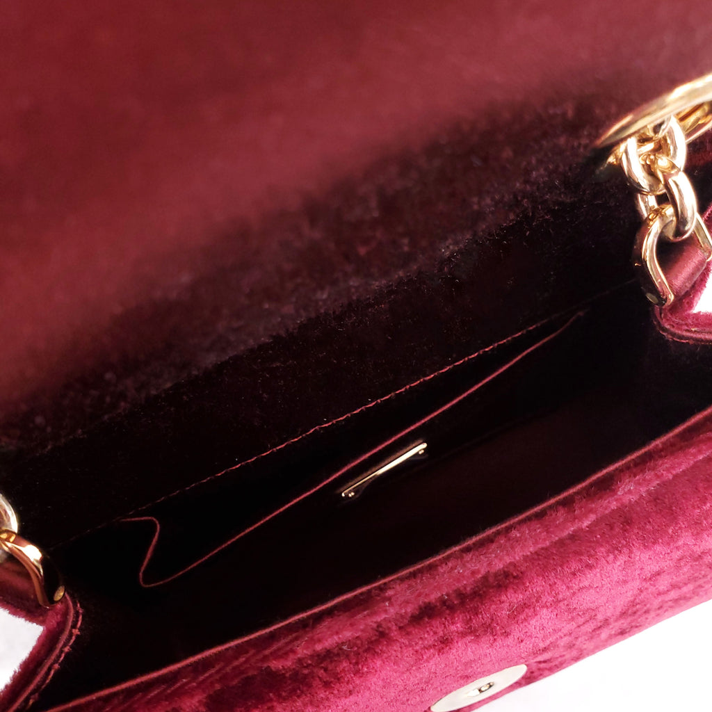DOLCE & GABBANA BURGUNDY VELVET SHOULDER BAG WITH CRYSTAL EMBLEM
