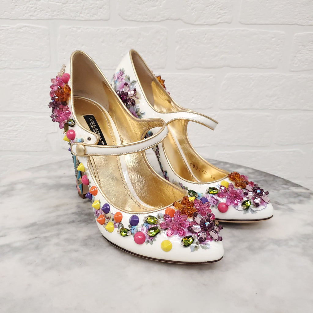 DOLCE & GABBANA FLORAL BEADED HEELS WITH STUDS - SIZE 38