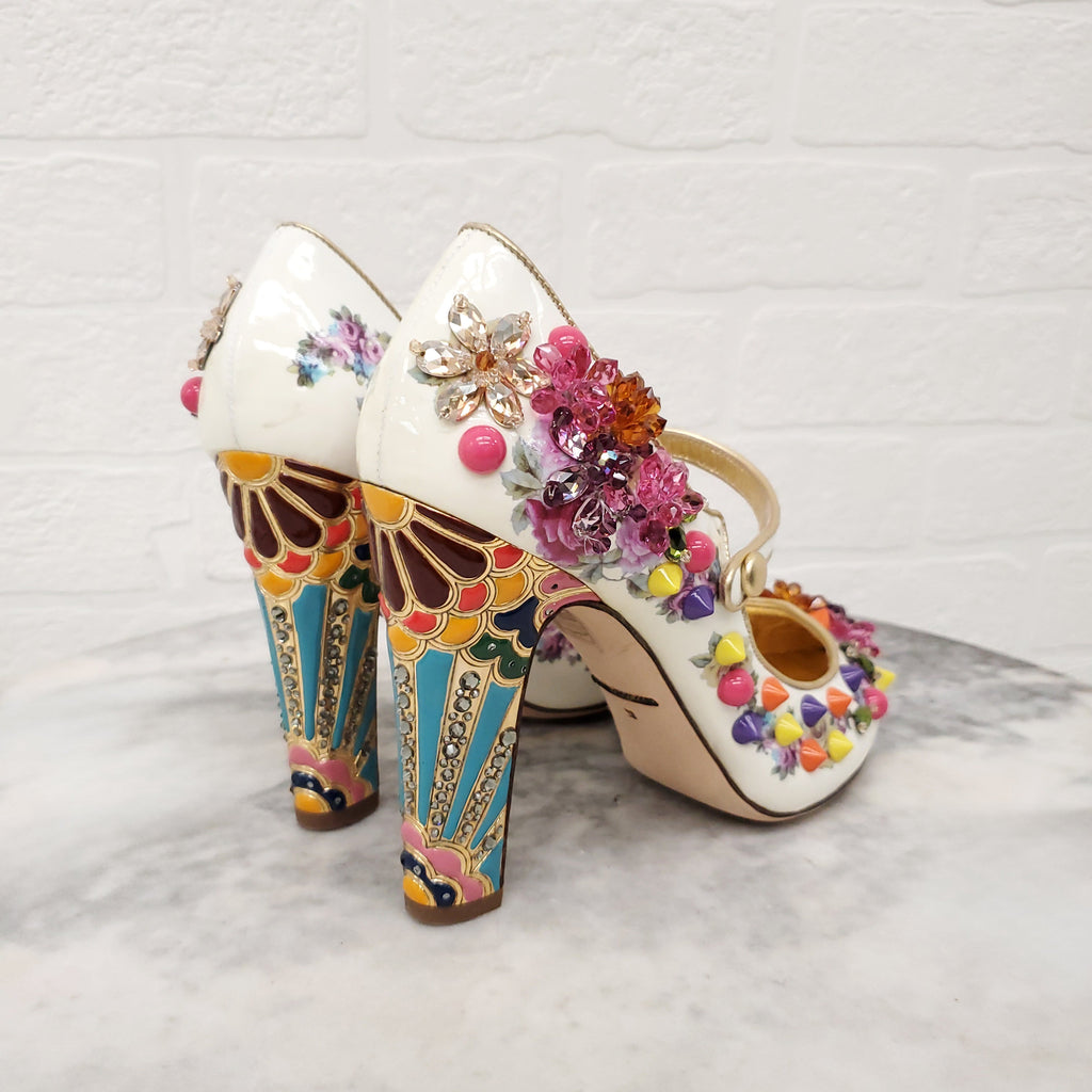 DOLCE & GABBANA FLORAL BEADED HEELS WITH STUDS - SIZE 38