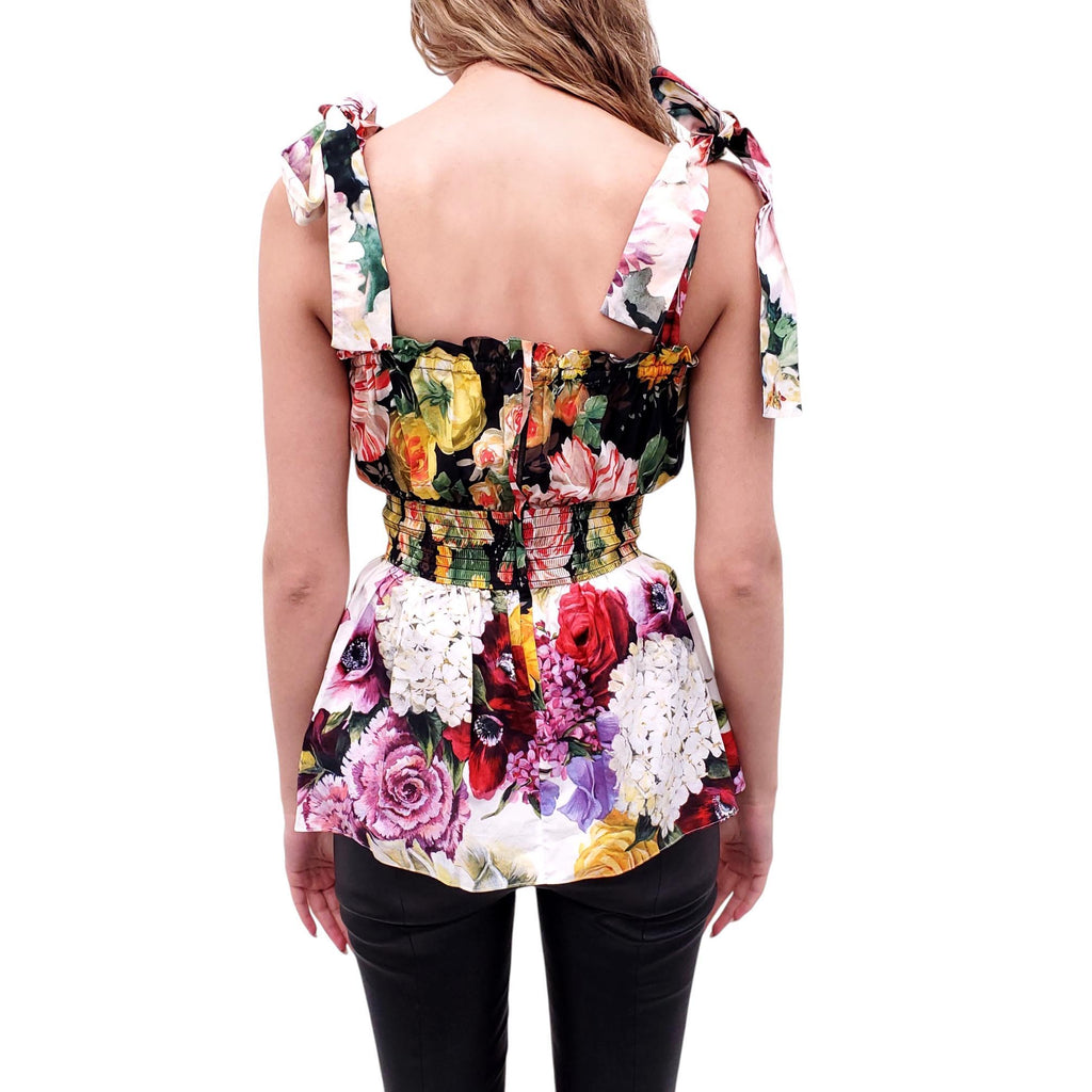 DOLCE & GABBANA FLORAL PEPLUM TOP WITH BANANA CHARM BUTTONS - SIZE 40