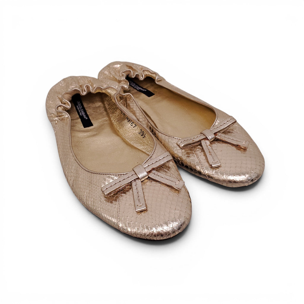 DOLCE & GABBANA GOLD METALLIC SNAKESKIN FLATS - SIZE 39.5