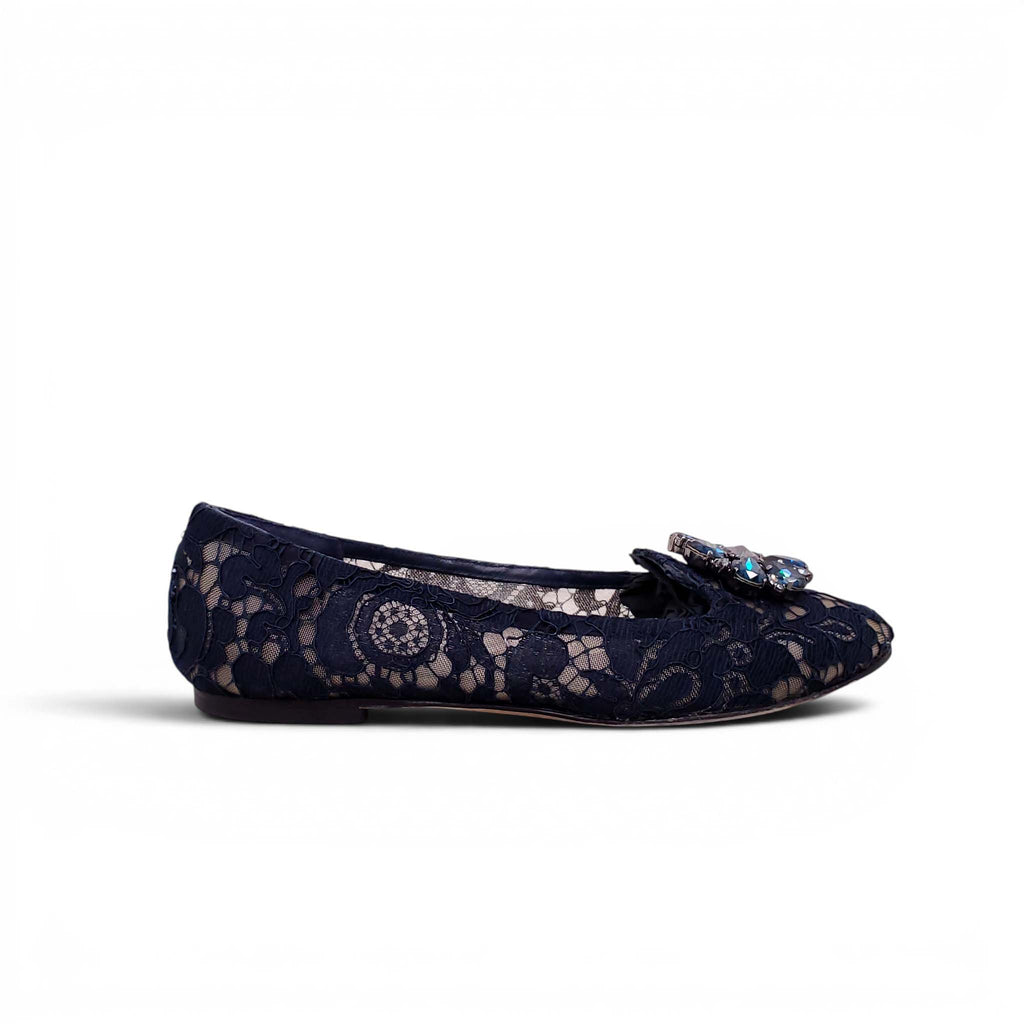 DOLCE & GABBANA NAVY LACE FLATS WITH CRYSTAL DETAIL - SIZE 38.5