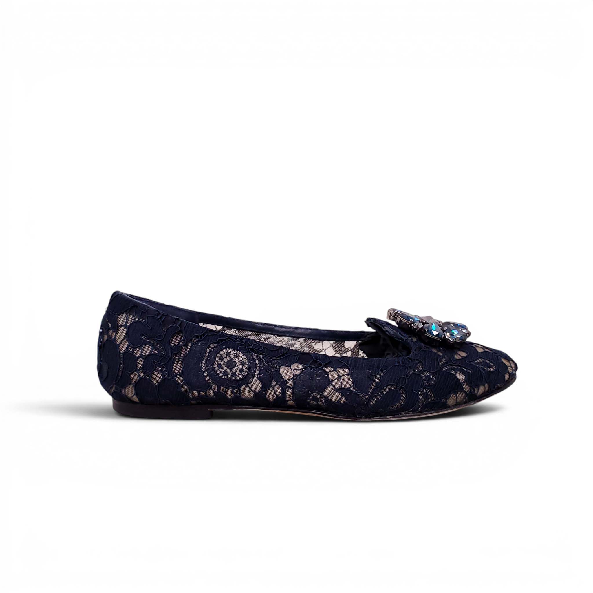 DOLCE & GABBANA NAVY LACE FLATS WITH CRYSTAL DETAIL - SIZE 38.5