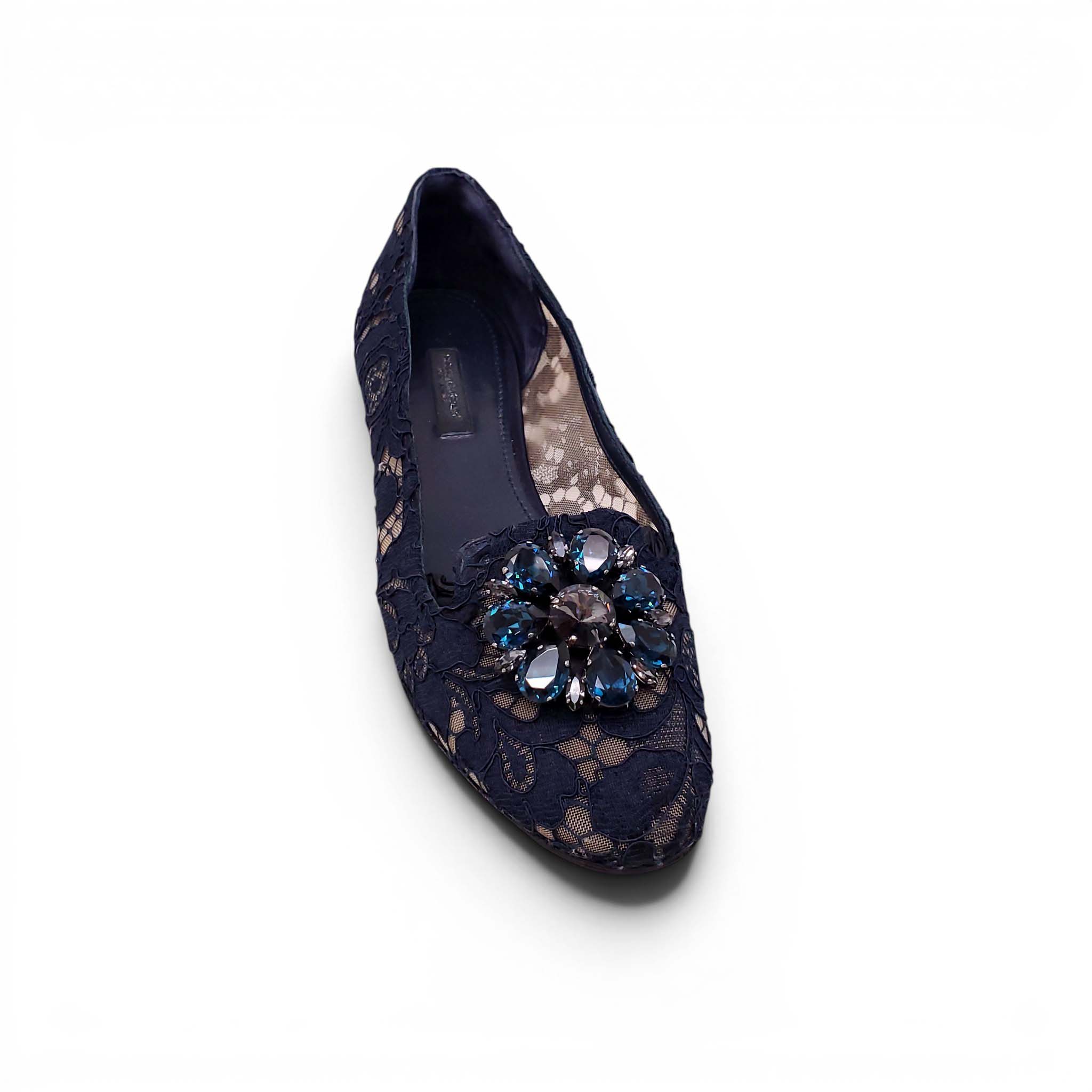 DOLCE & GABBANA NAVY LACE FLATS WITH CRYSTAL DETAIL - SIZE 38.5