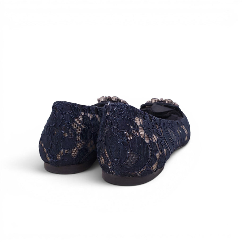 DOLCE & GABBANA NAVY LACE FLATS WITH CRYSTAL DETAIL - SIZE 38.5