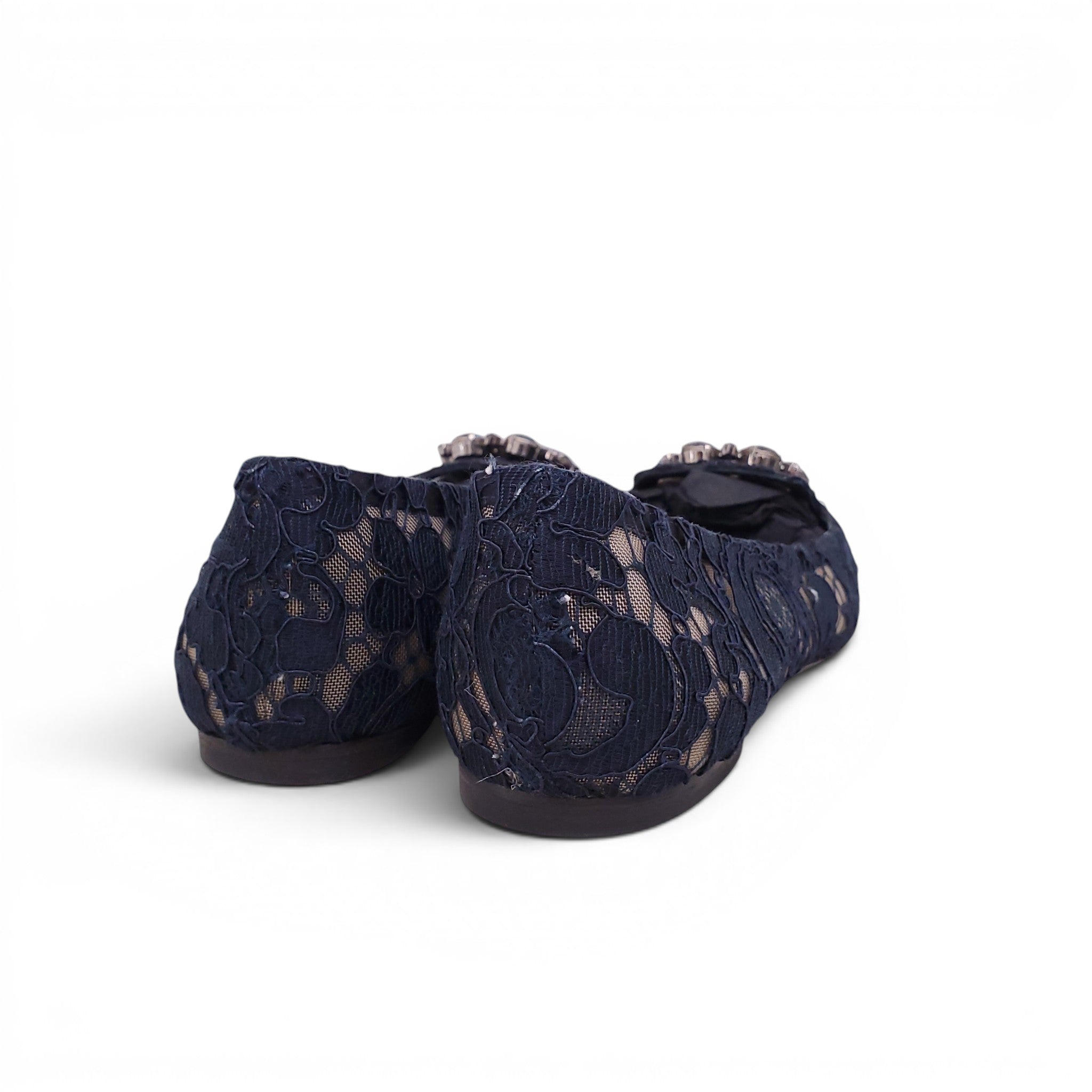 DOLCE & GABBANA NAVY LACE FLATS WITH CRYSTAL DETAIL - SIZE 38.5