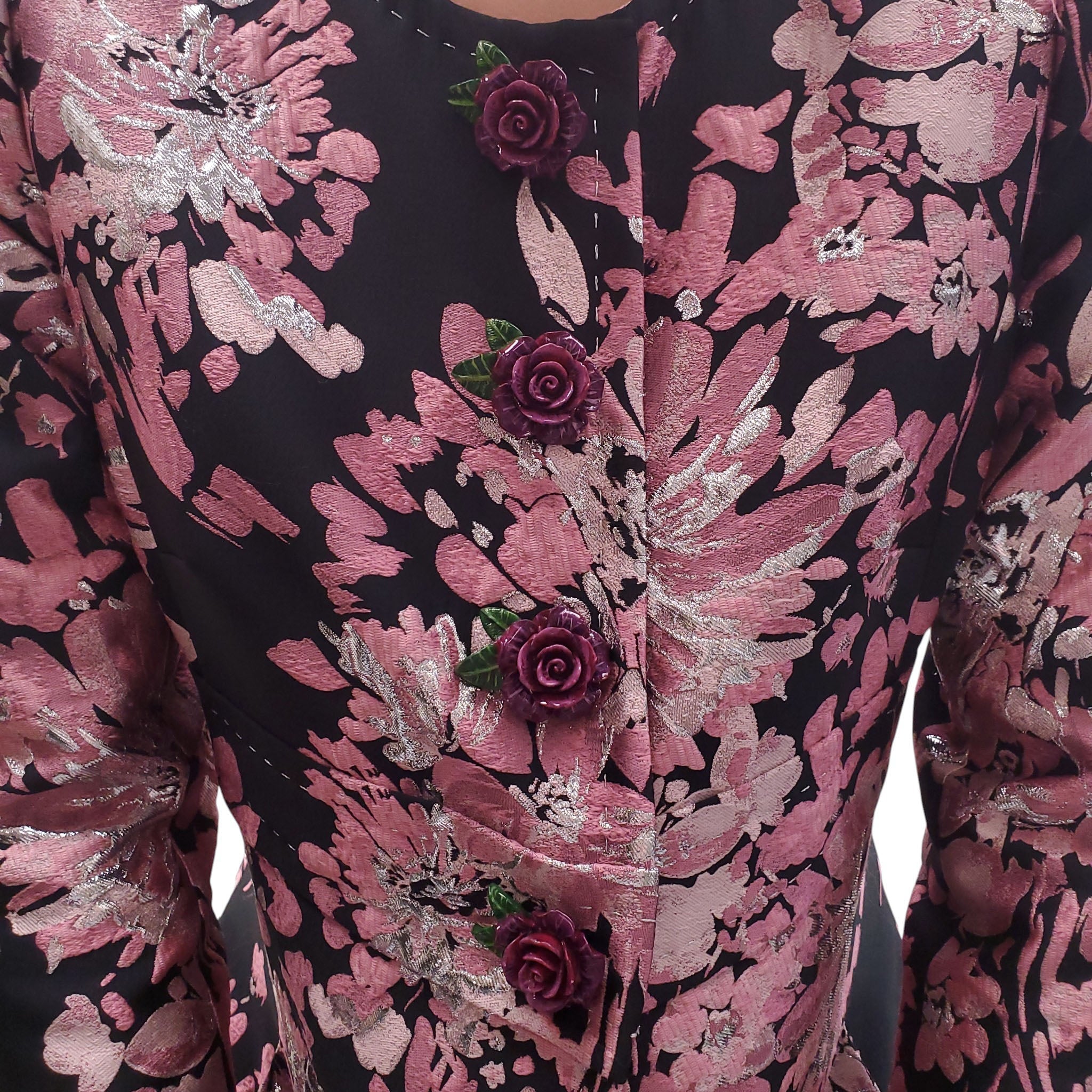 DOLCE & GABBANA ROSE JACQUARD COAT WITH FLORAL BUTTONS - SIZE 42