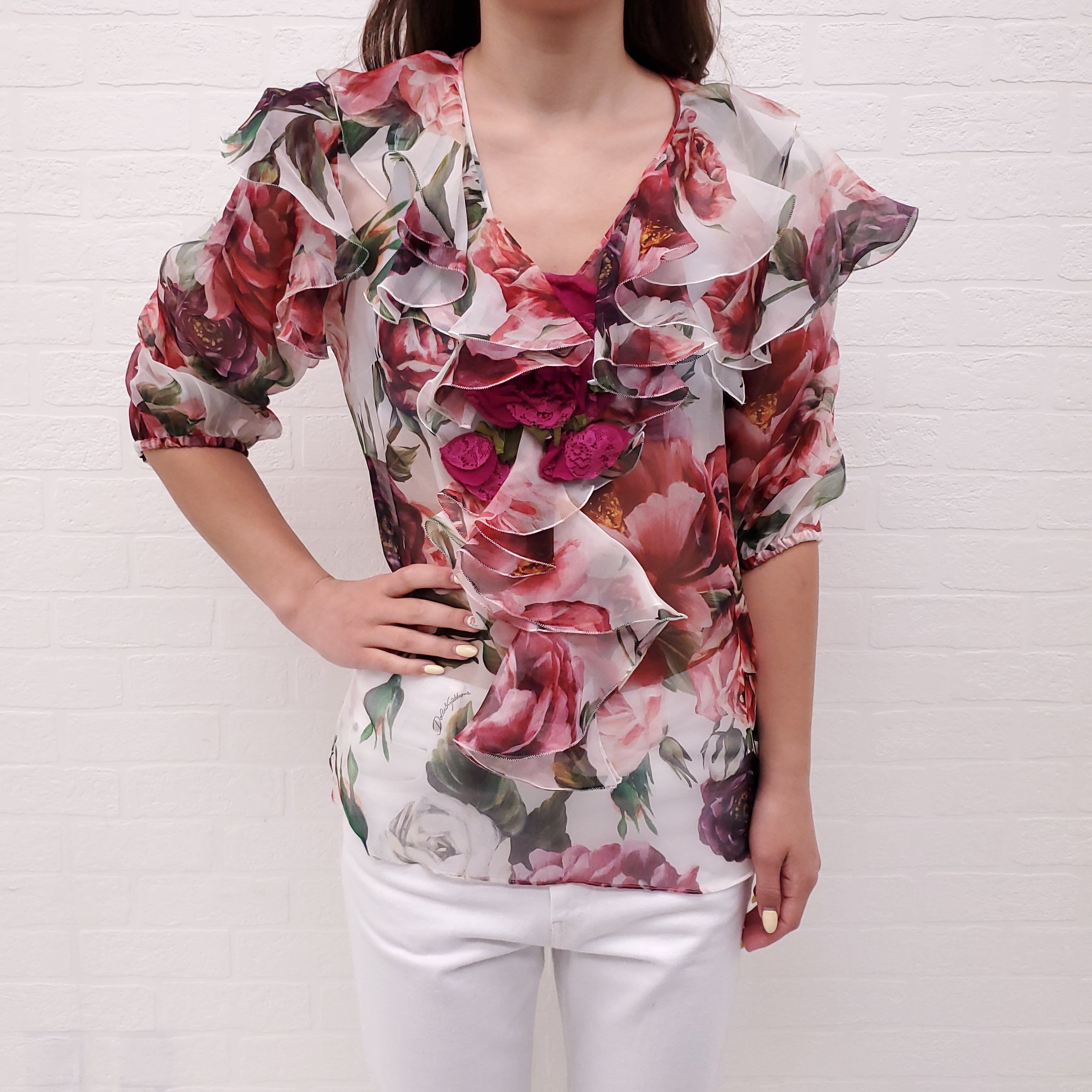 DOLCE & GABBANA RUFFLE SILK ROSE PRINT BLOUSE WITH LACE EMBROIDERY - SIZE 42