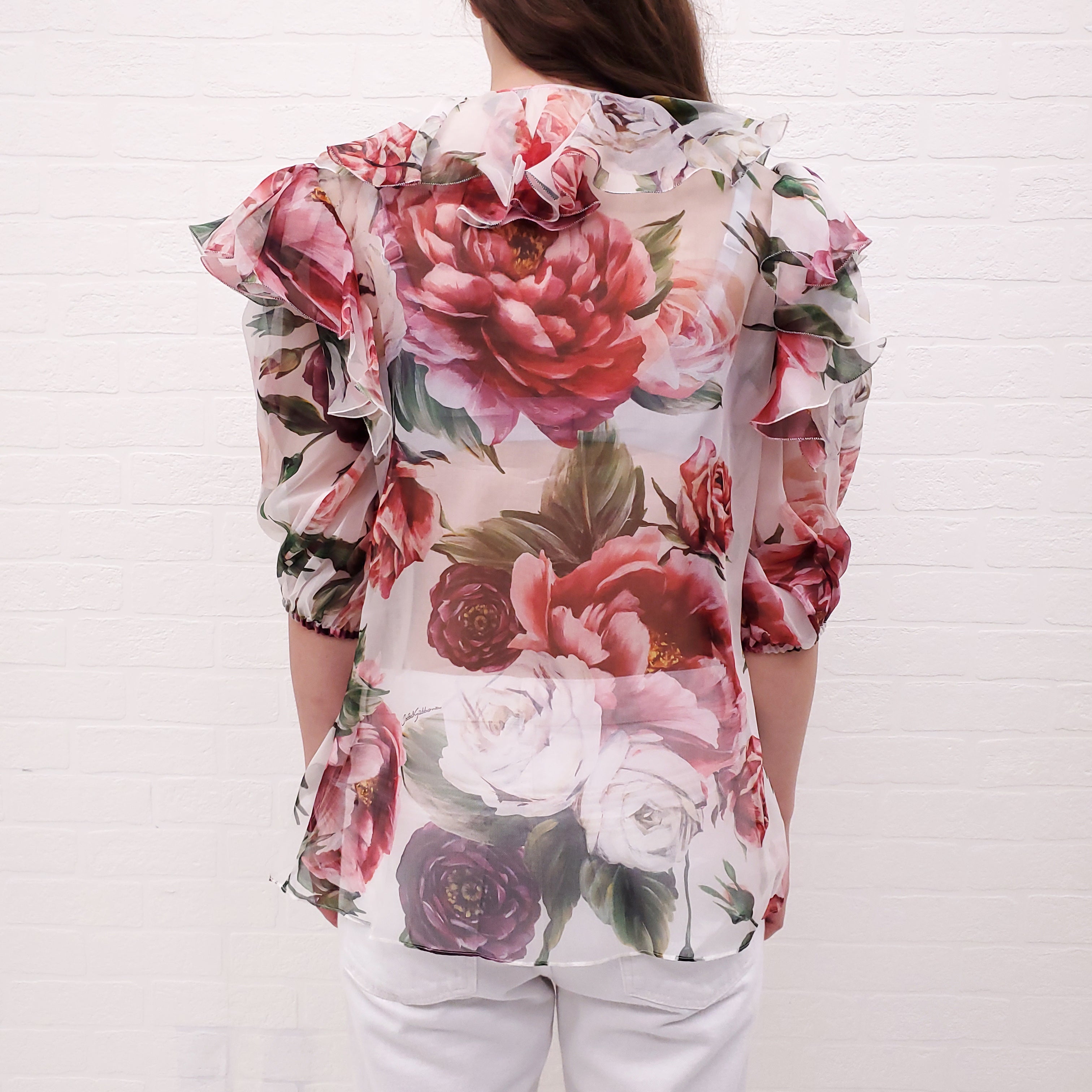 DOLCE & GABBANA RUFFLE SILK ROSE PRINT BLOUSE WITH LACE EMBROIDERY - SIZE 42