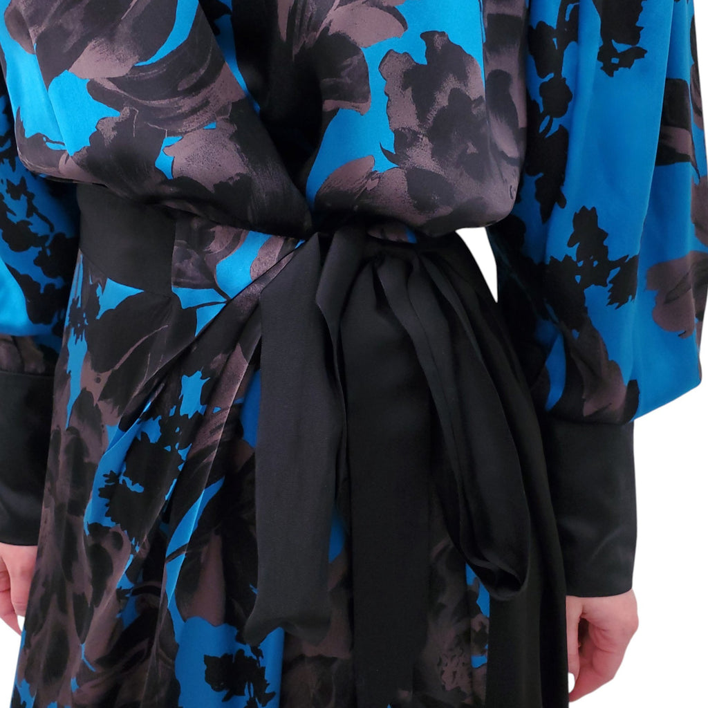 DRIES VAN NOTEN BLUE AND BLACK SILK WRAP DRESS - SIZE 40