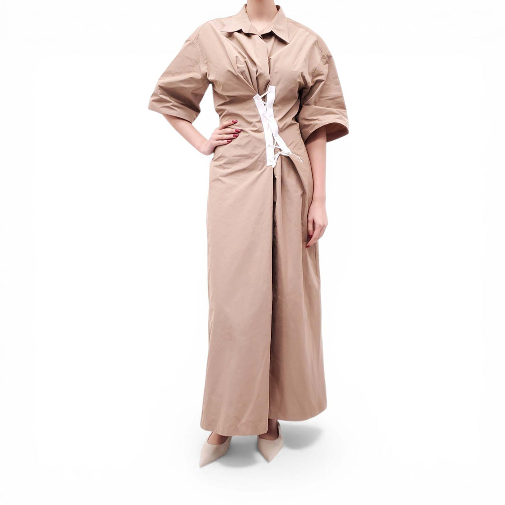 DRIES VAN NOTEN KHAKI SHORT SLEEVE TUNIC DRESS WITH CORSET DETAIL - SIZE 40